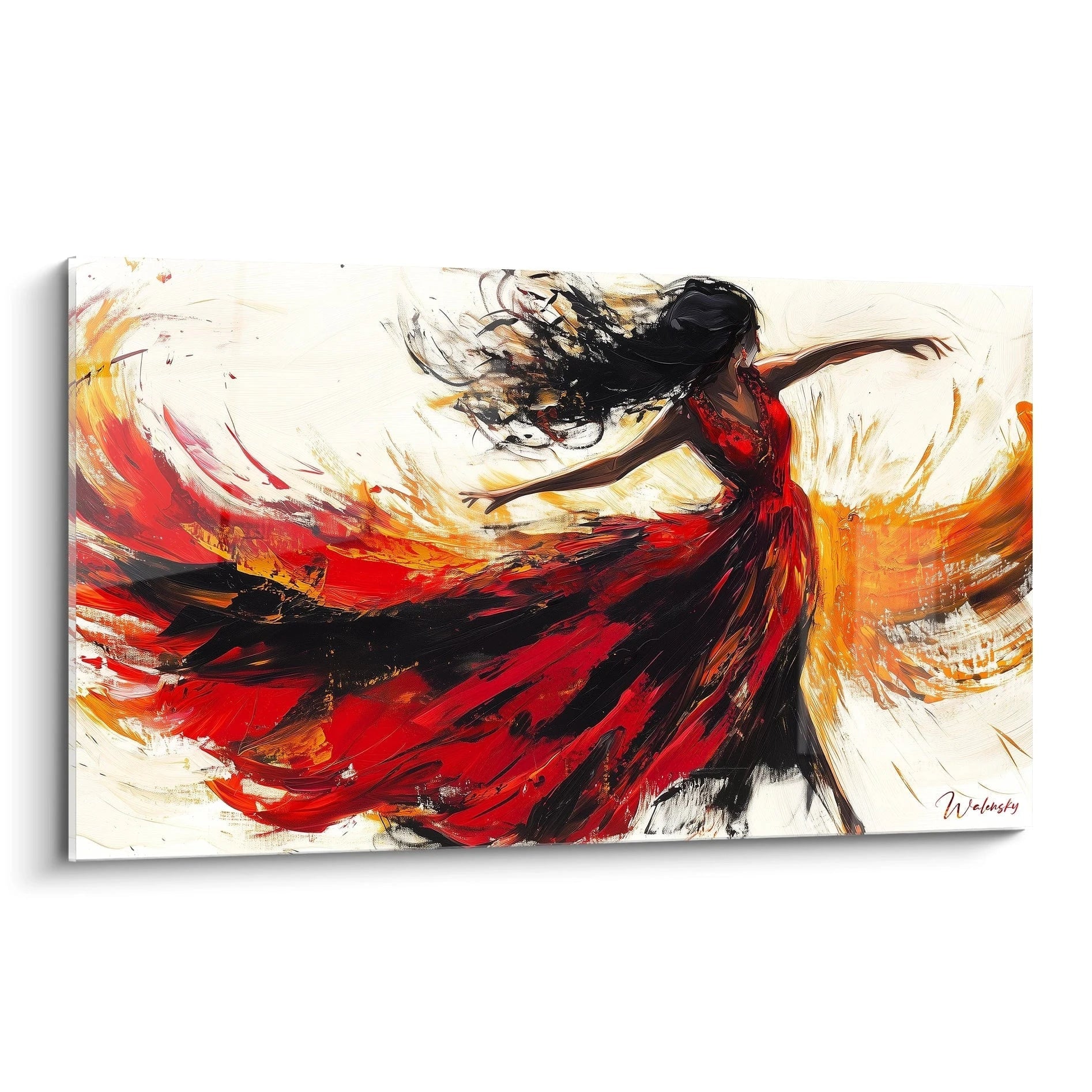 Tableau danseuse abstrait en rouge et noir de Walensky, capturant le mouvement et l'énergie du ballet