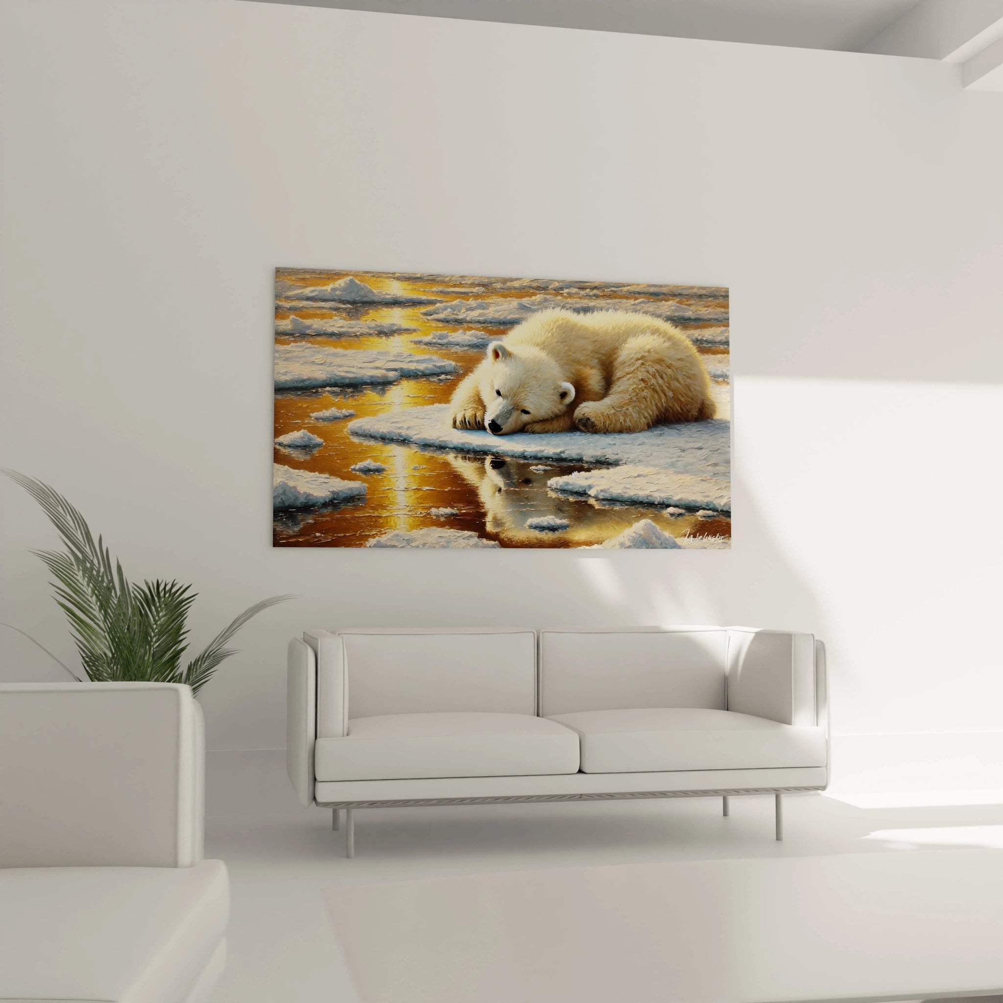 Accrochez ce tableau ours polaire dans votre salon pour apporter une ambiance polaire douce. L’effet miroir des reflets dorés et le pelage blanc offrent une touche apaisante et élégante à votre espace.