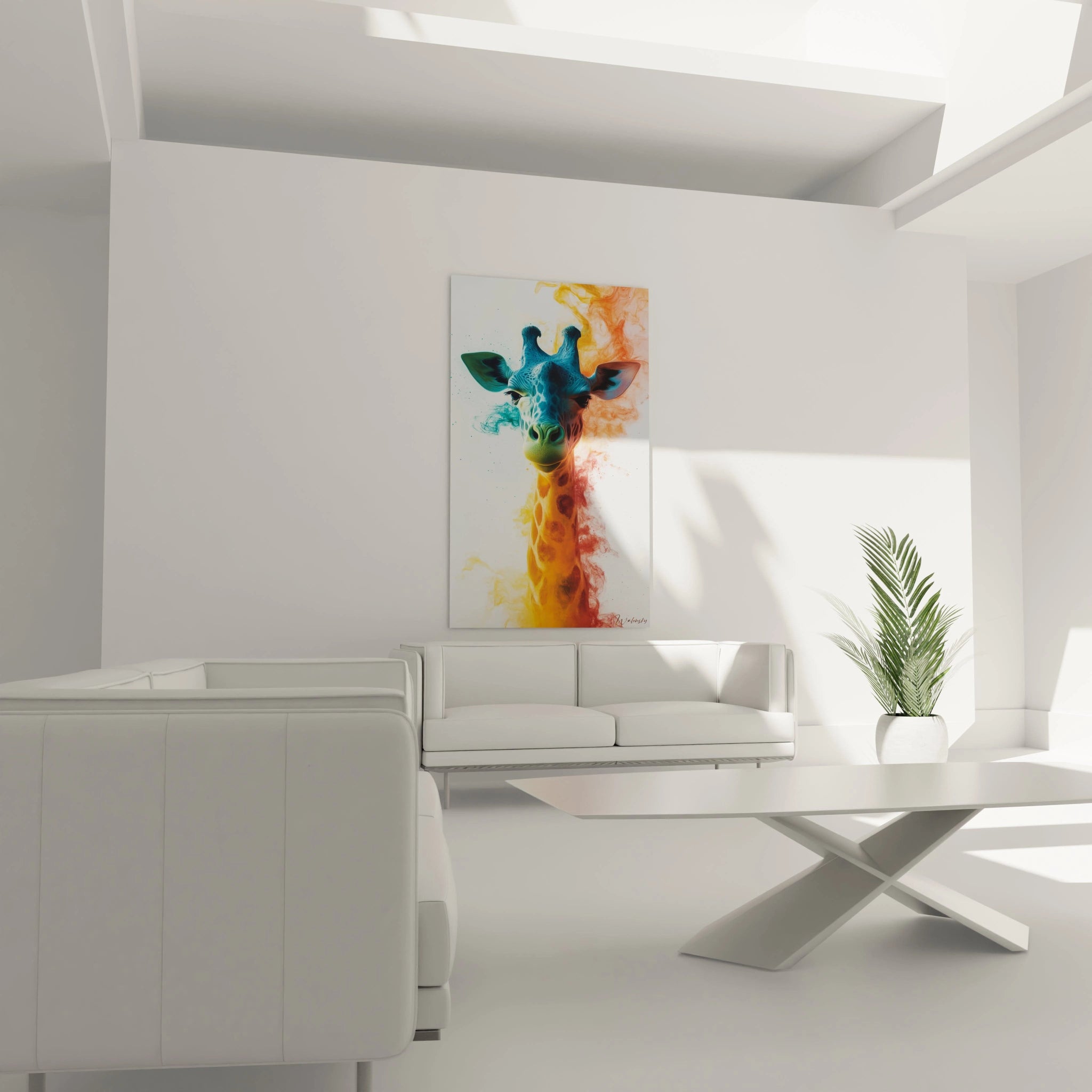 Un tableau girafe moderne montrant un portrait frontal aux couleurs contrastées, où la tête bleue se détache nettement du cou orange tacheté, entouré d'effets de fumée colorée créant une transition entre animal et abstraction.