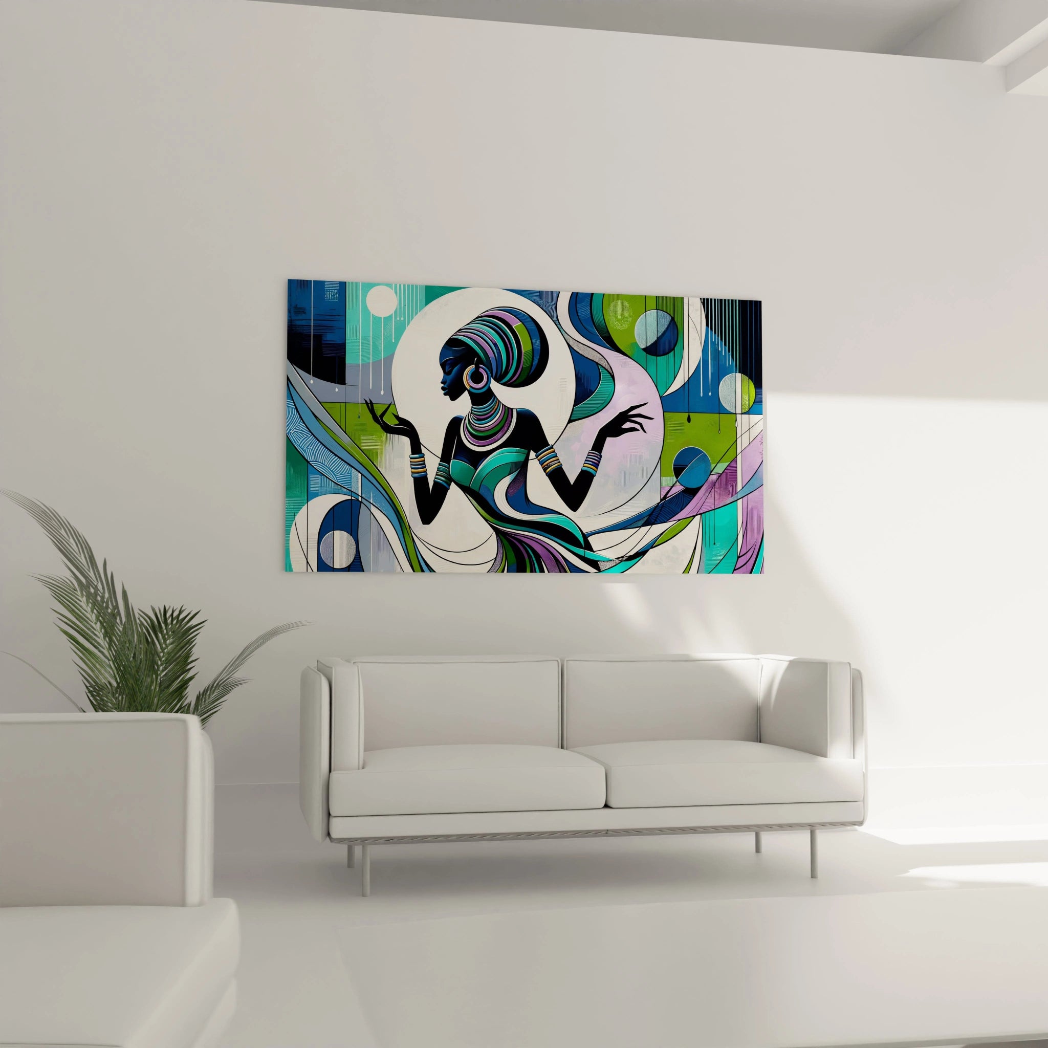 tableau africain dans salon au-dessus canapé design contemporain bleu vert et violet formes géométriques courbes harmonieuses capturant danse et énergie douce idéal pour décorer un espace élégant