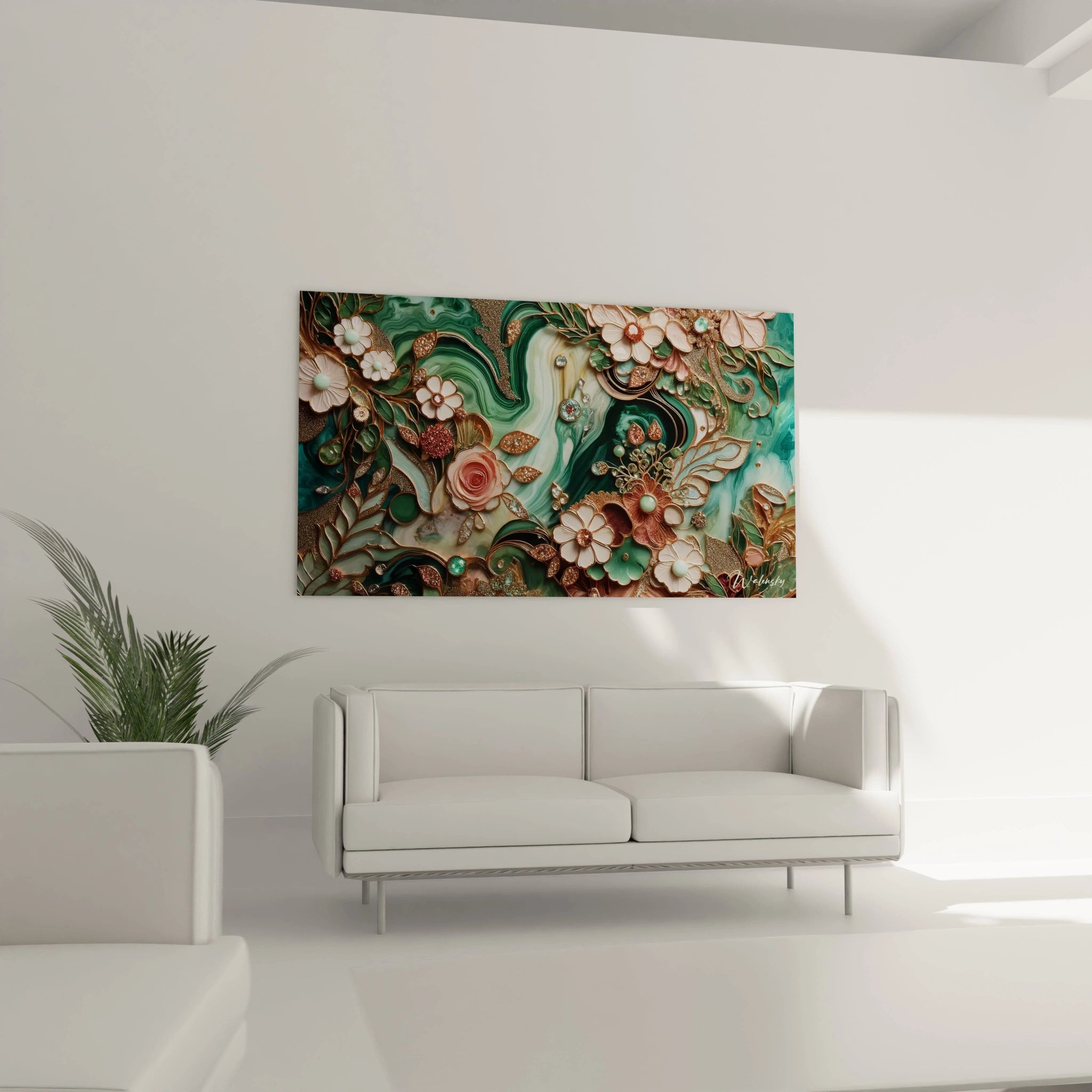 Dans le salon, ce tableau style epoxy apporte une touche de nature florale élégante au-dessus du canapé, avec des pétales brillants et des feuilles dorées qui créent une ambiance raffinée et lumineuse.