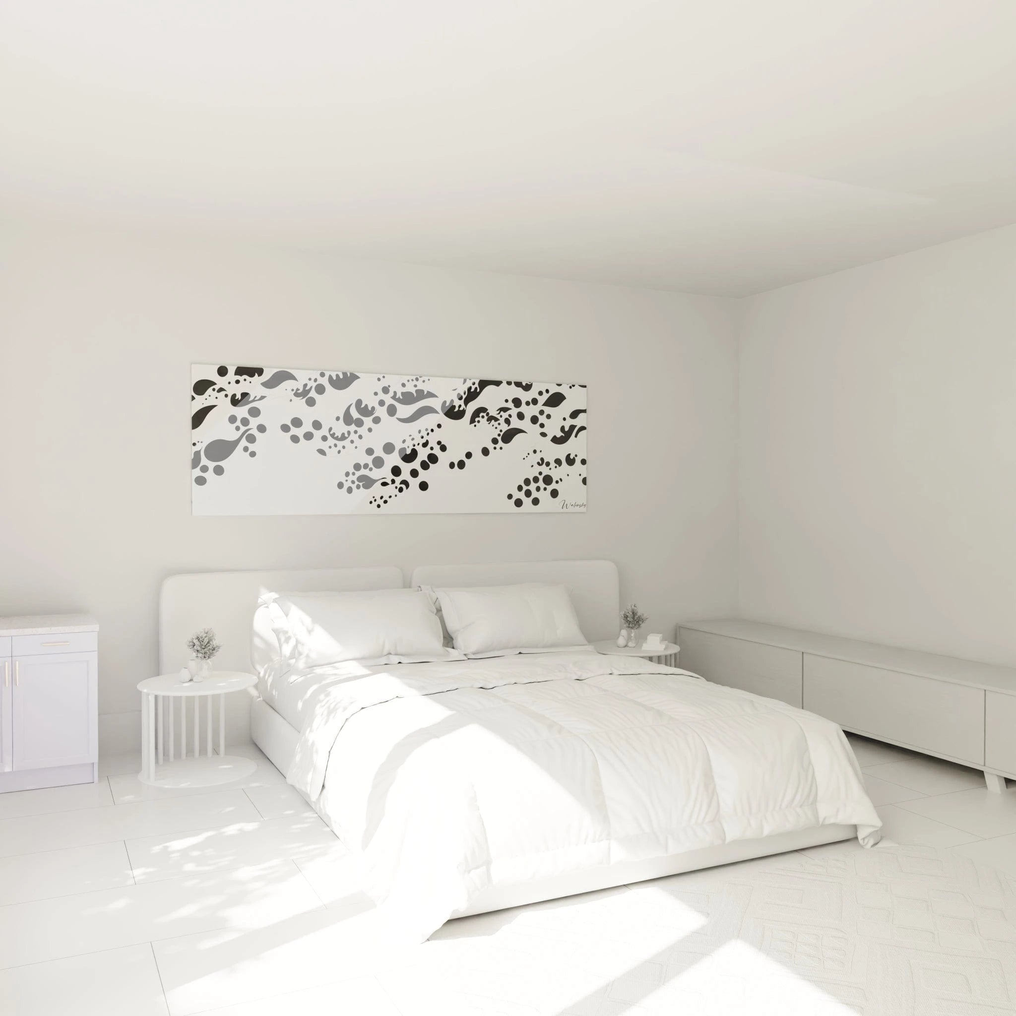 Tableau tacheté noir et blanc de Walensky dans une chambre lumineuse minimaliste