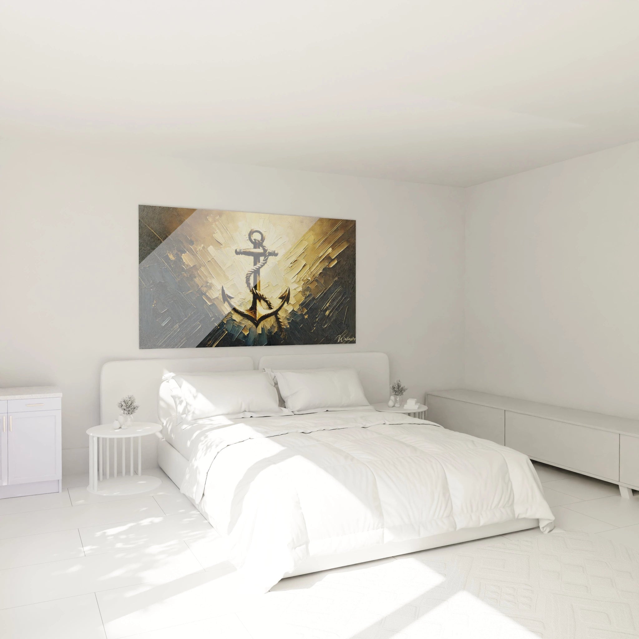 Dans une chambre apaisante, le Tableau Marin, suspendu au-dessus du lit, emane une energie de calme et de resilience. Ses teintes marine et or ajoutent chaleur et serenité.