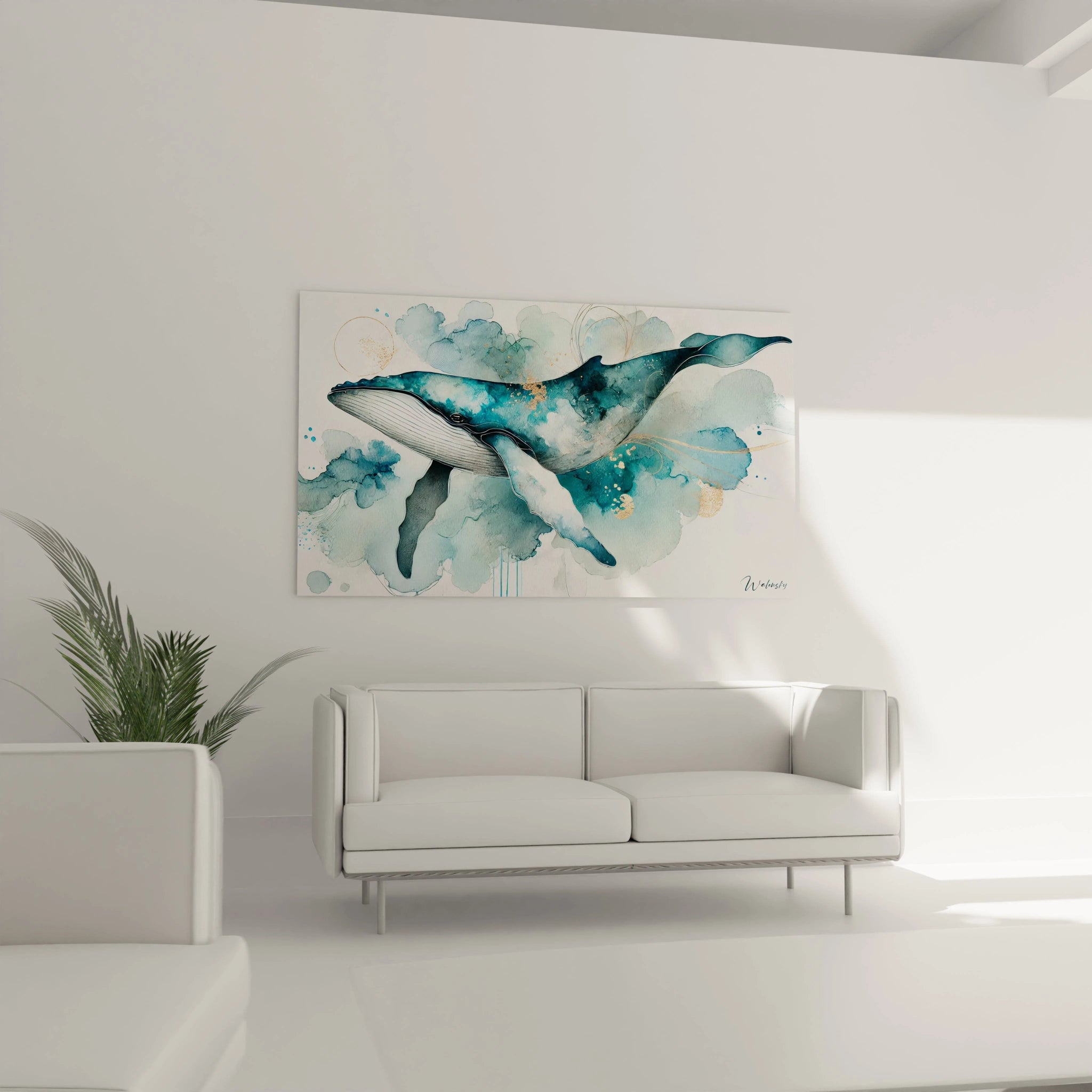 Accroché dans le salon au-dessus du canapé, ce tableau baleine moderne offre une sensation de liberté et de sérénité. Ses teintes bleues et dorées ajoutent une note apaisante au décor contemporain.