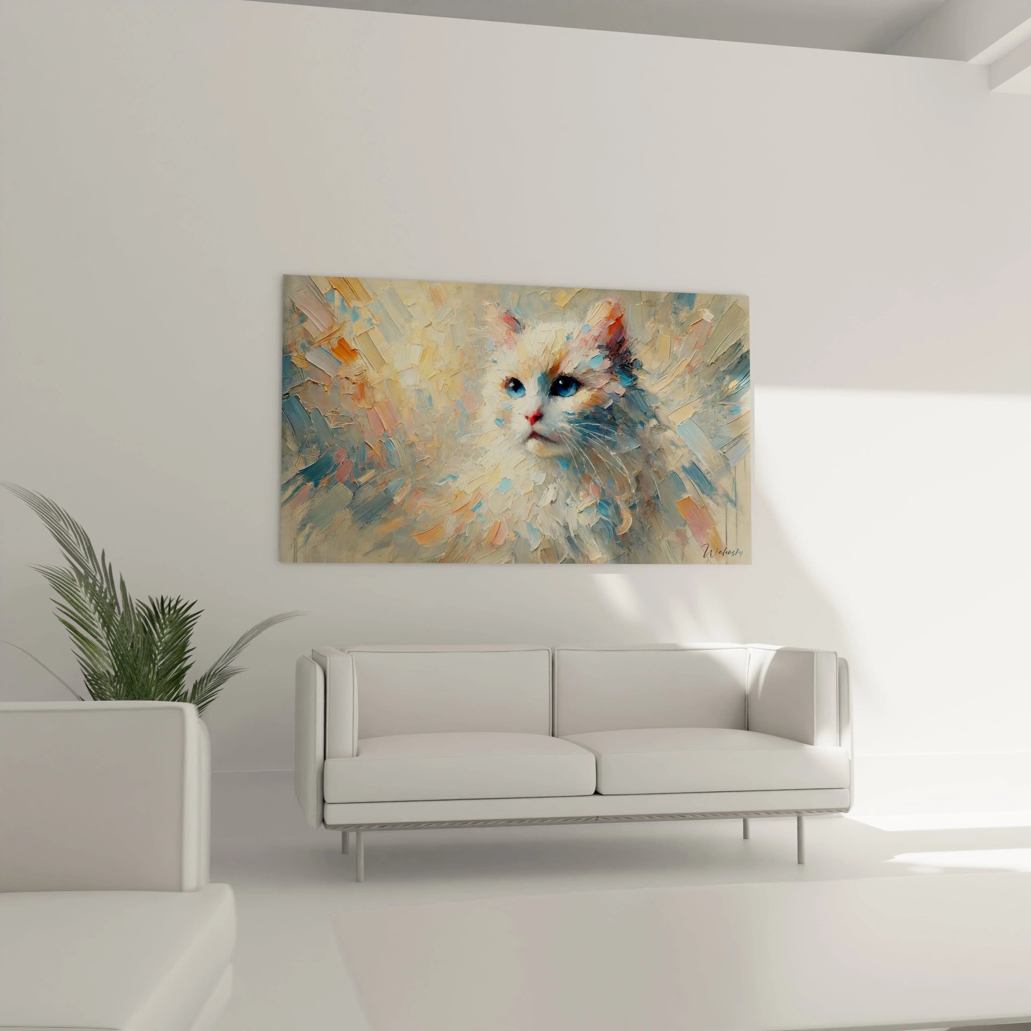 Accroché au mur d'un salon, ce tableau chat aux couleurs pastel s'intègre parfaitement. Le chat éthéré et son regard bleu intense ajoutent une note d’originalité à la décoration.