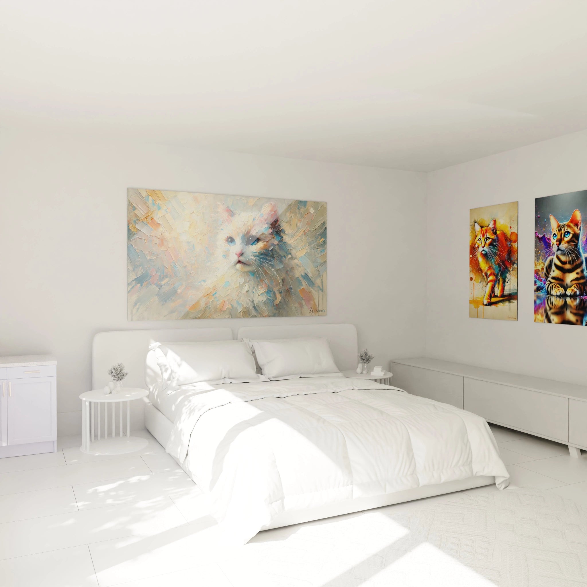 Le tableau chat accroché dans cette chambre au-dessus du lit apporte une touche artistique et apaisante. Les teintes pastel et le pelage texturé du chat créent une atmosphère relaxante et élégante.