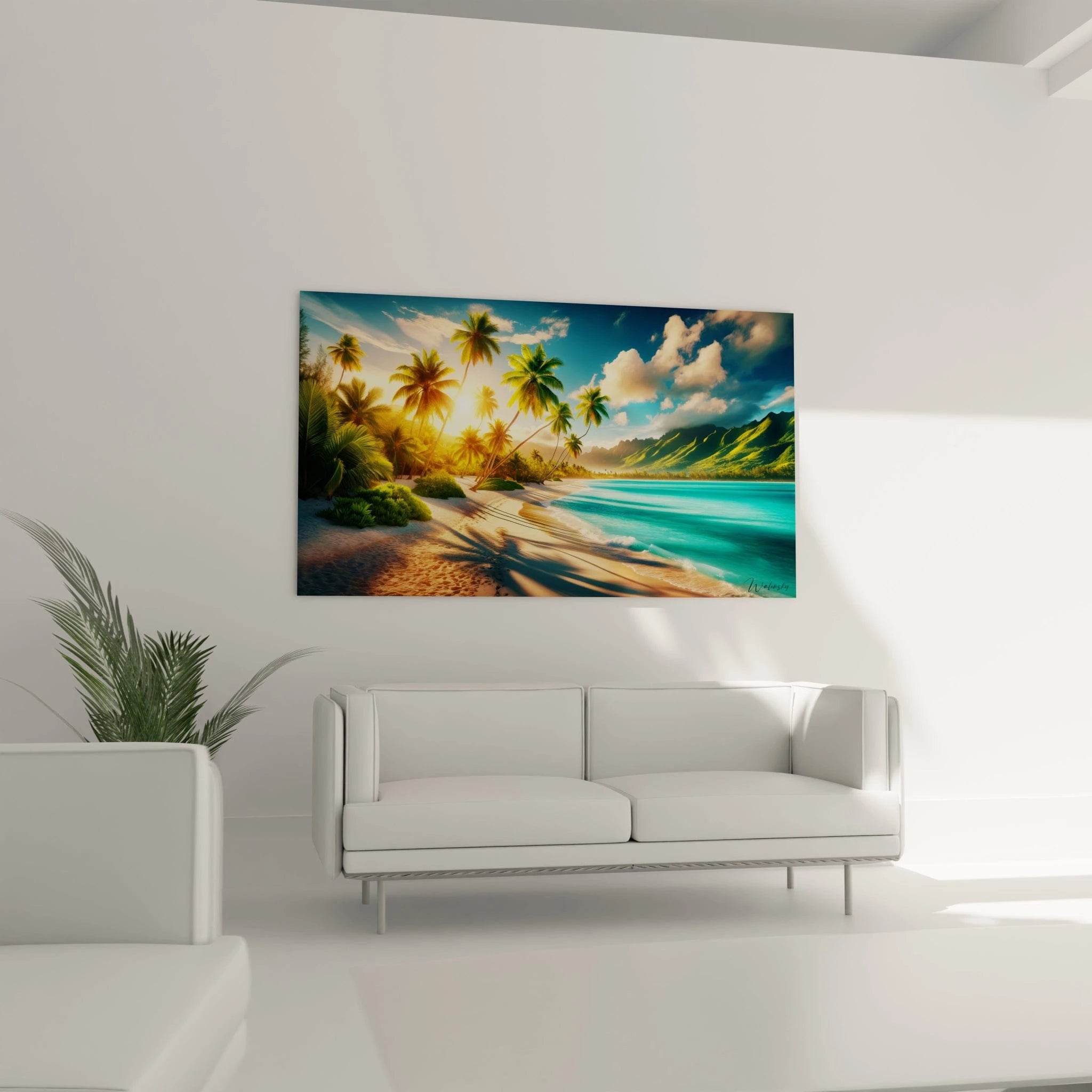 Tableau paysage figurant une côte sablonneuse tropicale, mer calme dégradée de bleu, végétation dense et soleil bas projetant des reflets dorés sur les palmiers.