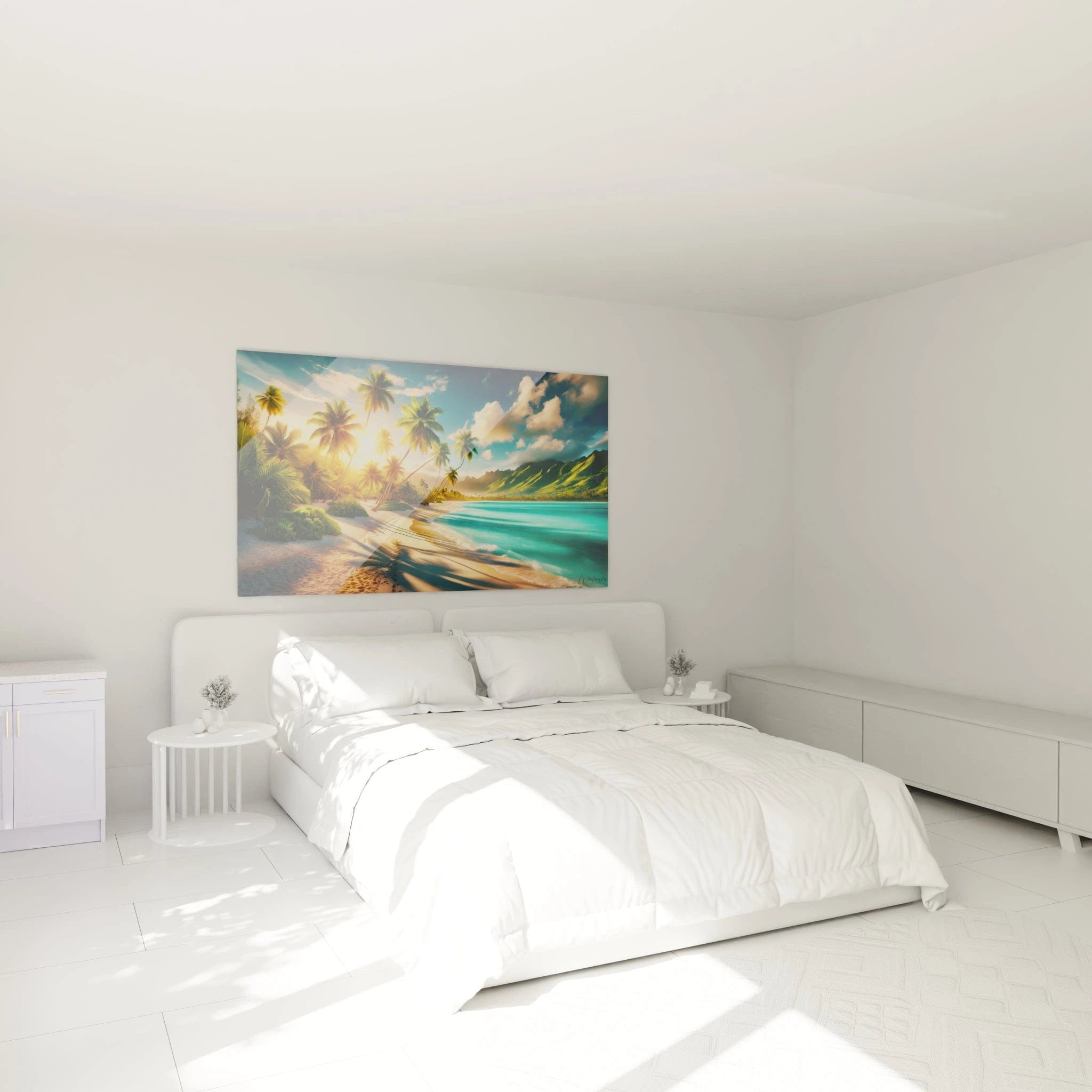 Un tableau paysage montrant un littoral avec cocotiers penchés, ombres étendues sur le sable, mer lumineuse et relief montagneux aux tons verts et jaunes.