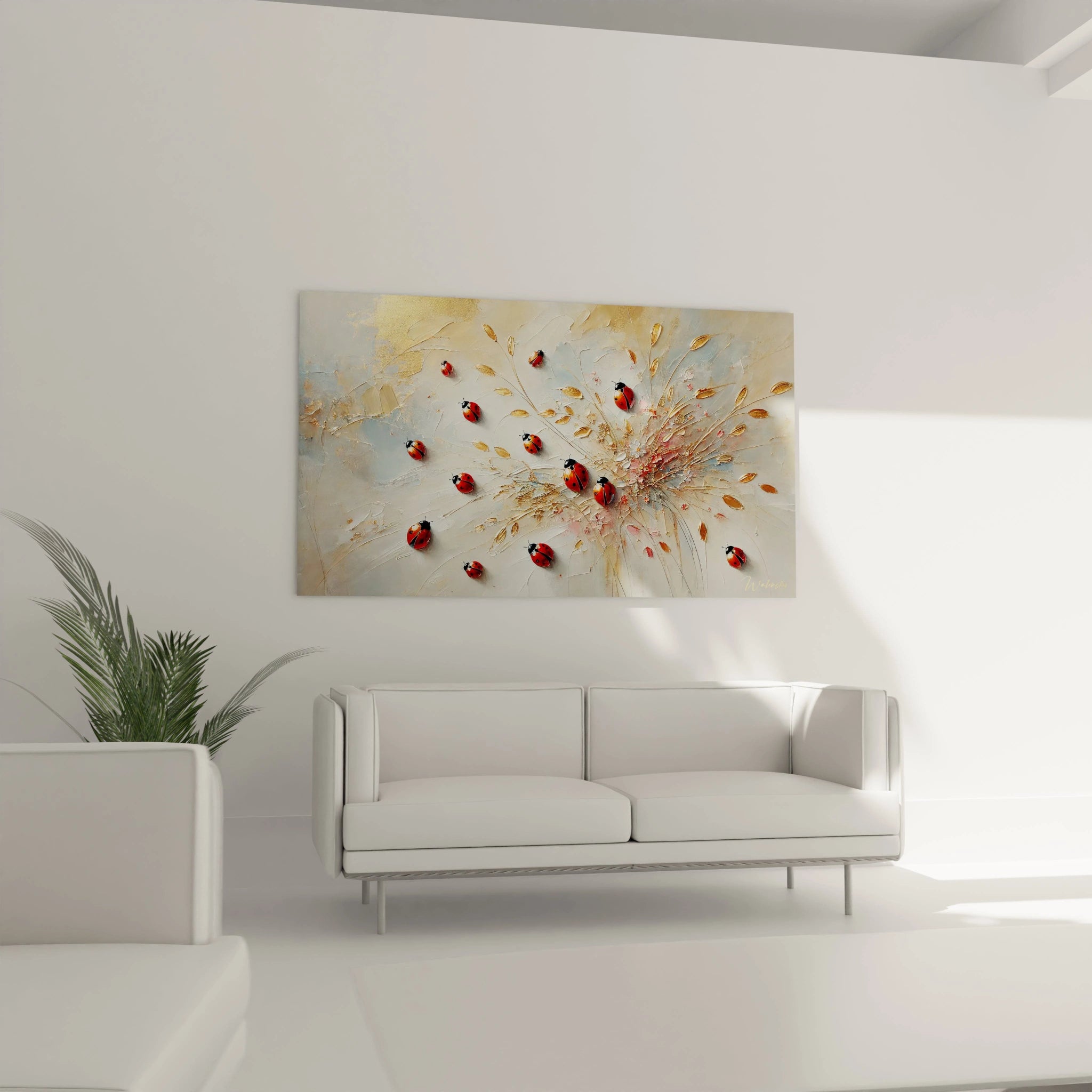 un tableau coccinelle dans votre salon pour illuminer l espace. Avec ses textures florales dorees et ses coccinelles rouge vif, il apporte une energie printaniere.