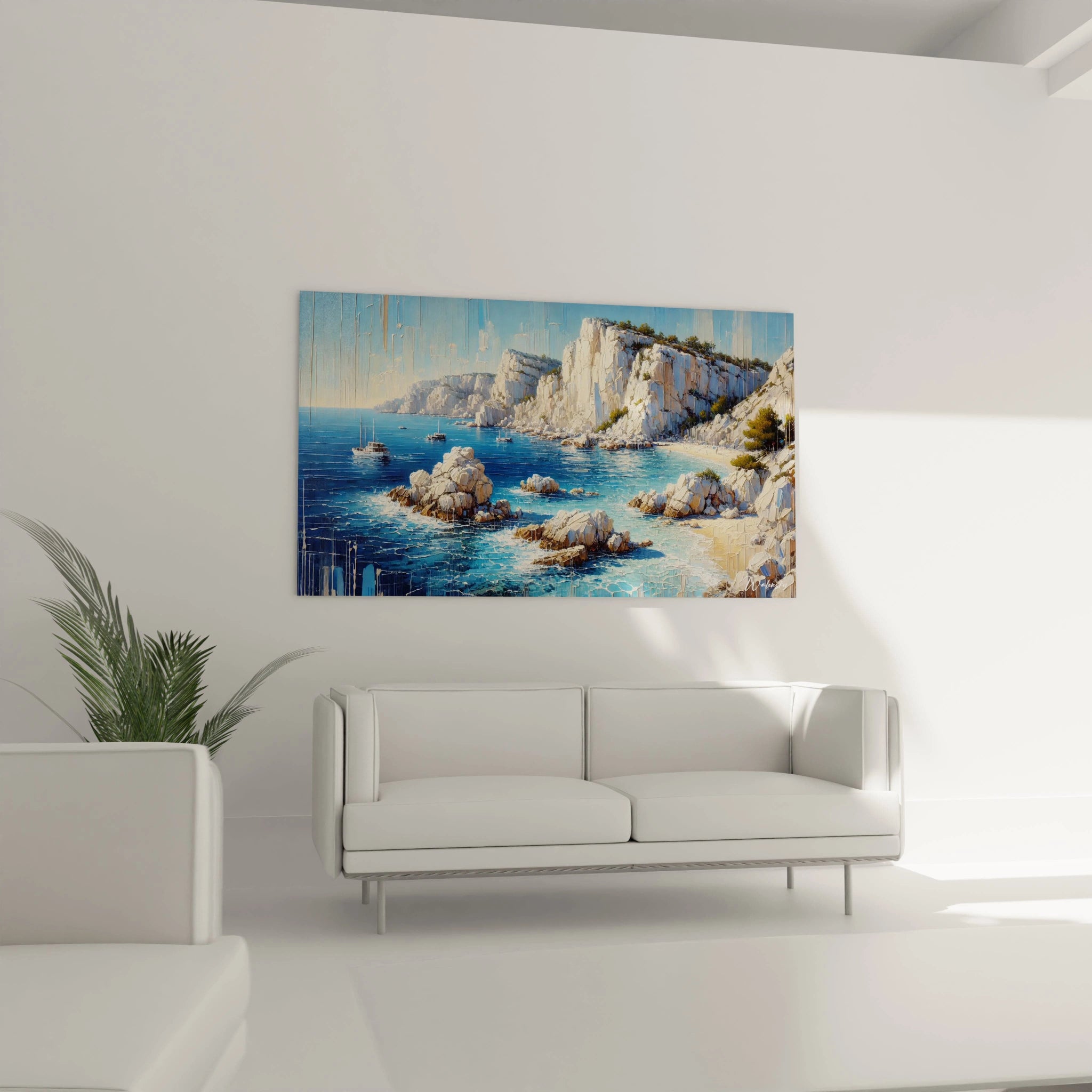 Ce tableau Mer embellit le salon en étant accroché au-dessus du canapé. Ses détails réalistes et sa lumière dansante apportent une atmosphère chaleureuse et accueillante.