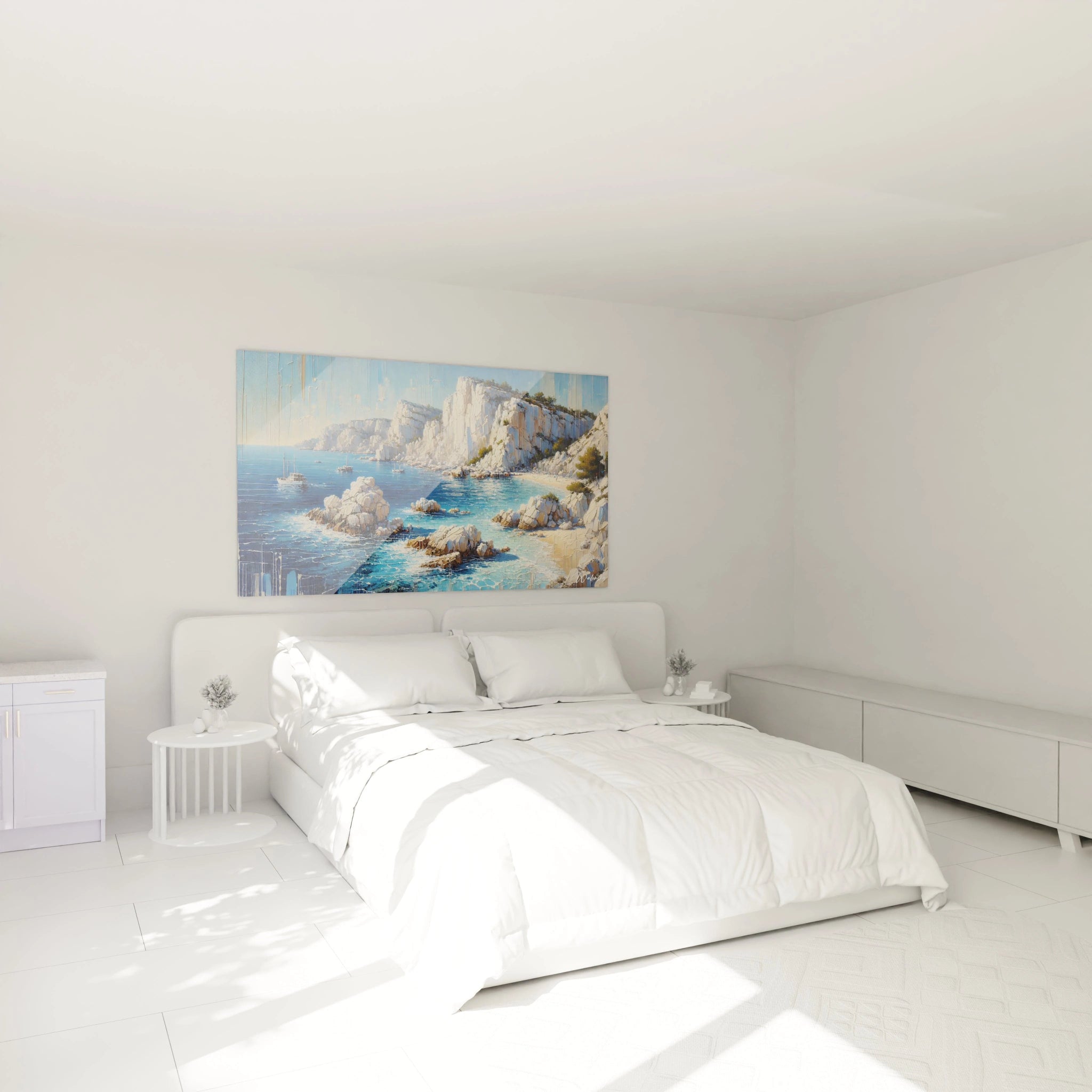 Dans la chambre, ce tableau Mer accroché au-dessus du lit crée une ambiance apaisante. Ses couleurs bleu et beige ajoutent une touche de tranquillité à votre espace de repos.