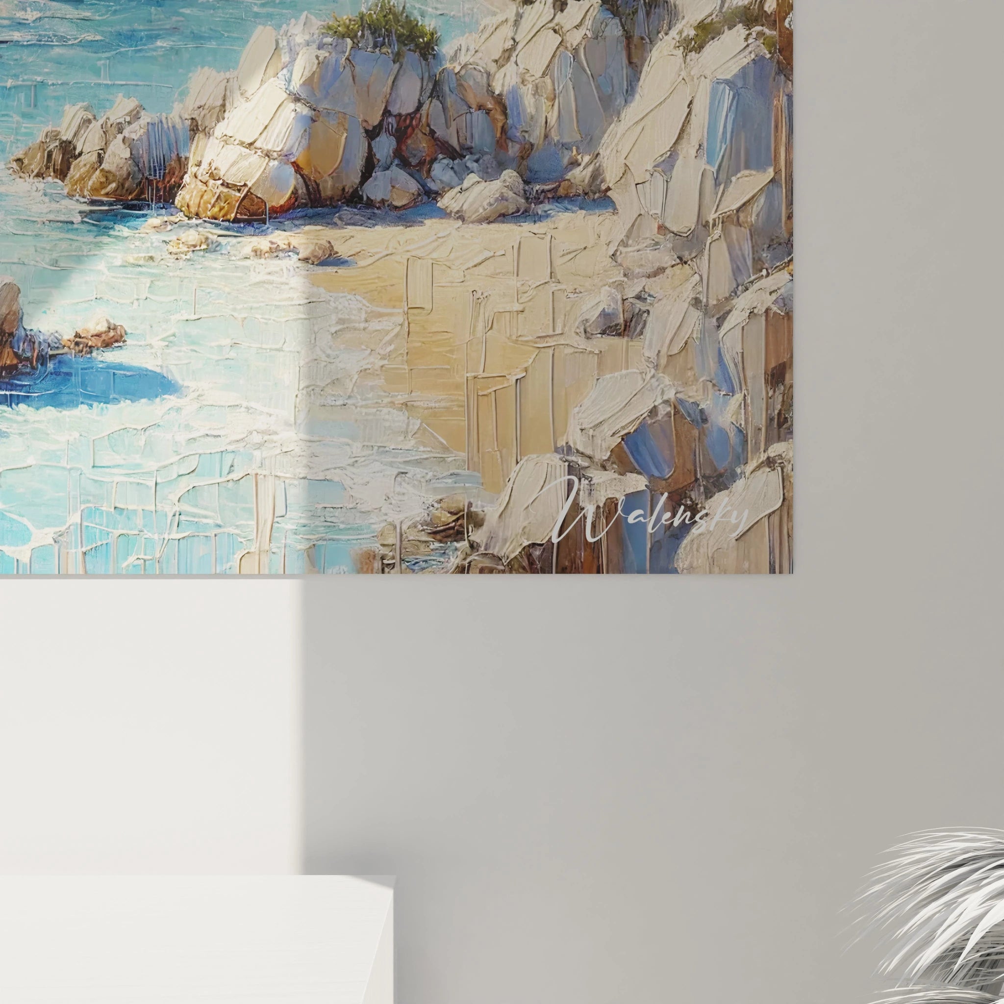 Découvrez de près ce tableau Mer, où la finesse des vagues rencontre la solidité des falaises. Chaque détail invite à la contemplation et à l'évasion vers une crique méditerranéenne.