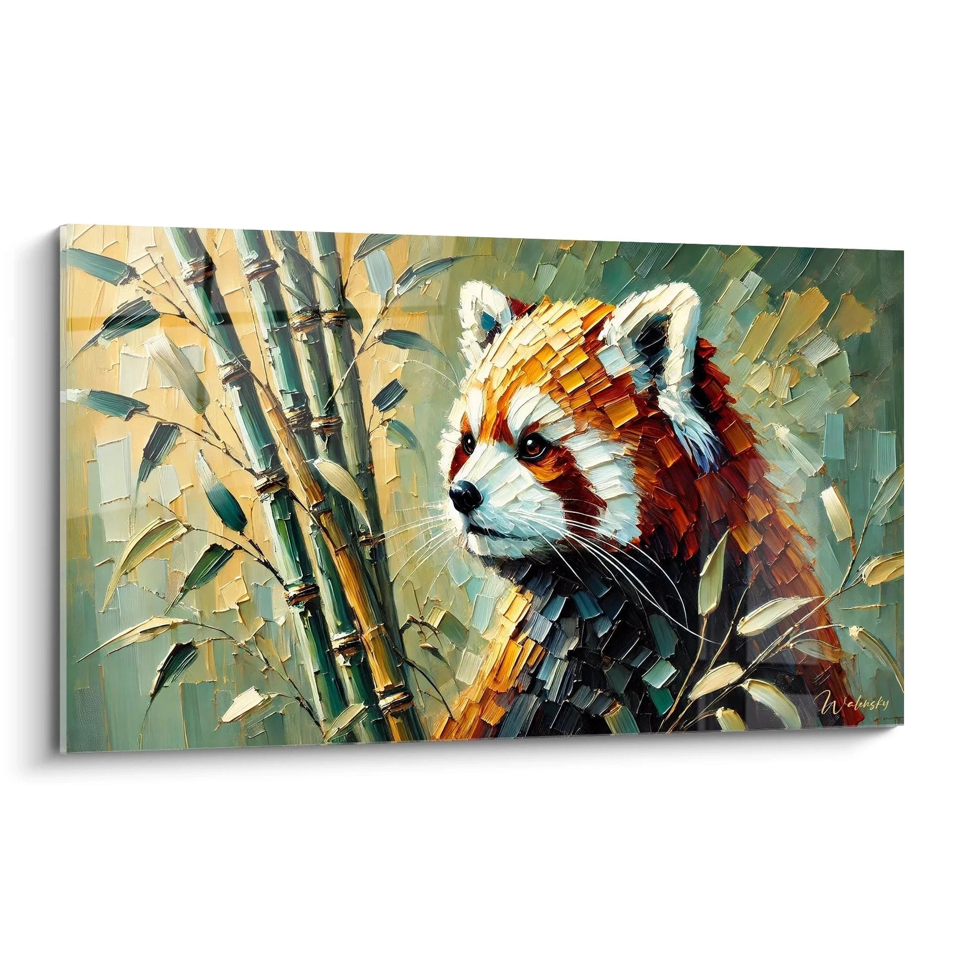 Tableau panda roux vivant et texturé, portrait de panda entouré de bambou et feuillage abstrait. Ideal pour une touche exotique et chaleureuse dans votre intérieur.