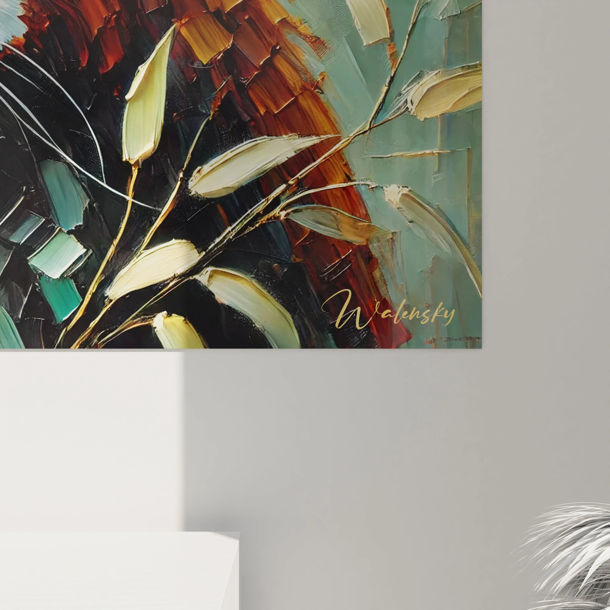 Vue rapprochée du tableau panda roux montrant les textures detaillees et les nuances de couleurs chaudes. Une touche de nature sauvage a integrer chez vous.