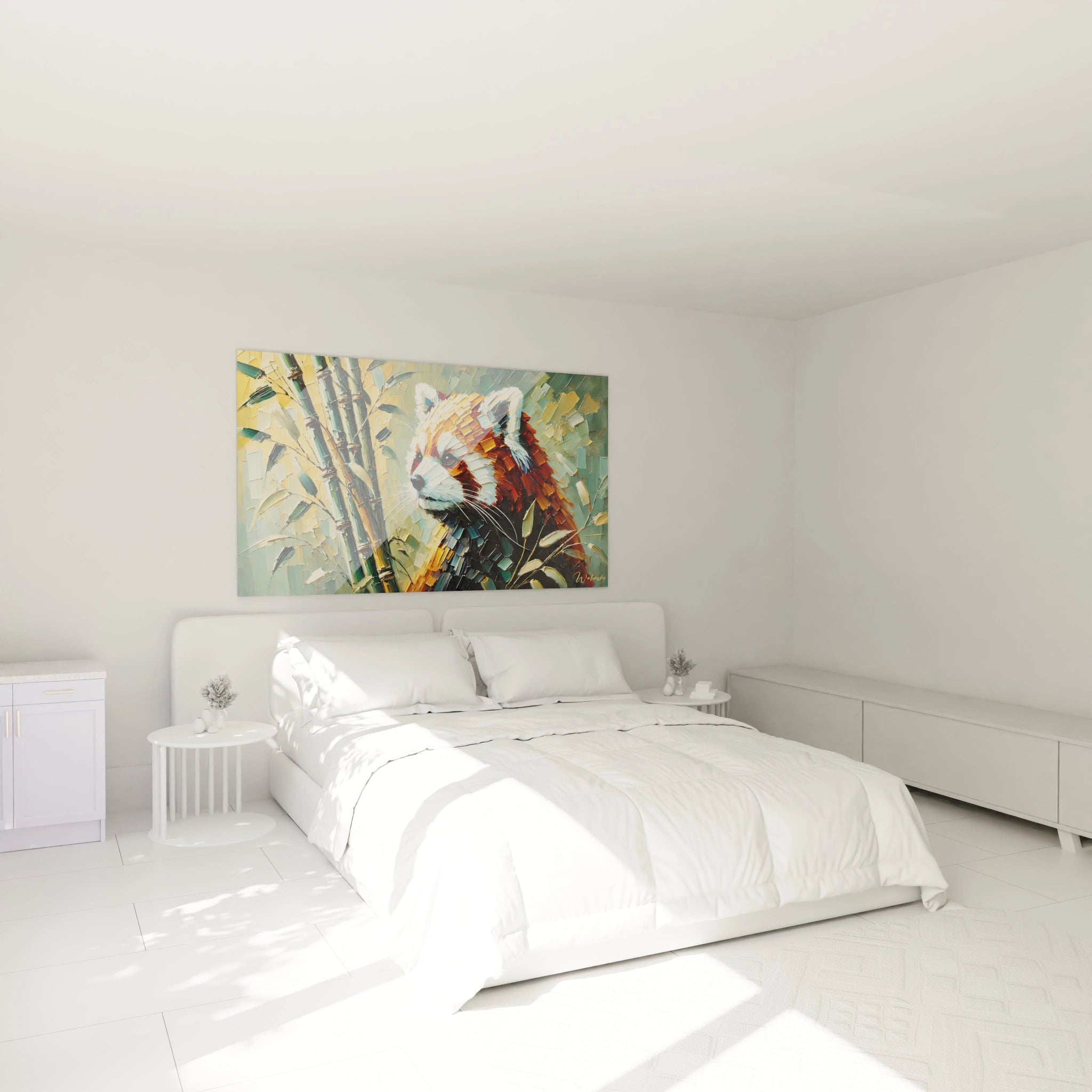 Tableau panda roux au dessus du lit pour une ambiance naturelle et apaisante. Contraste des tons orange et vert pour sublimer votre chambre.