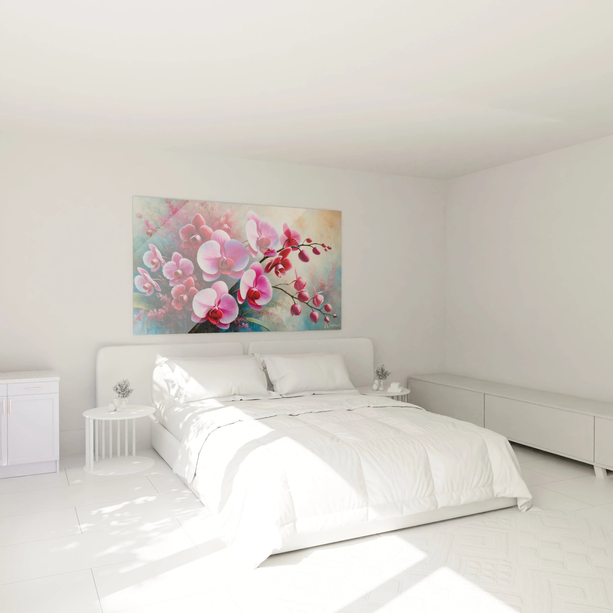 Ce tableau Orchidee au-dessus du lit dans la chambre ajoute une touche de romantisme et de douceur grace a ses tons roses et rouges, sublimant l’espace avec elegance et vitalite.