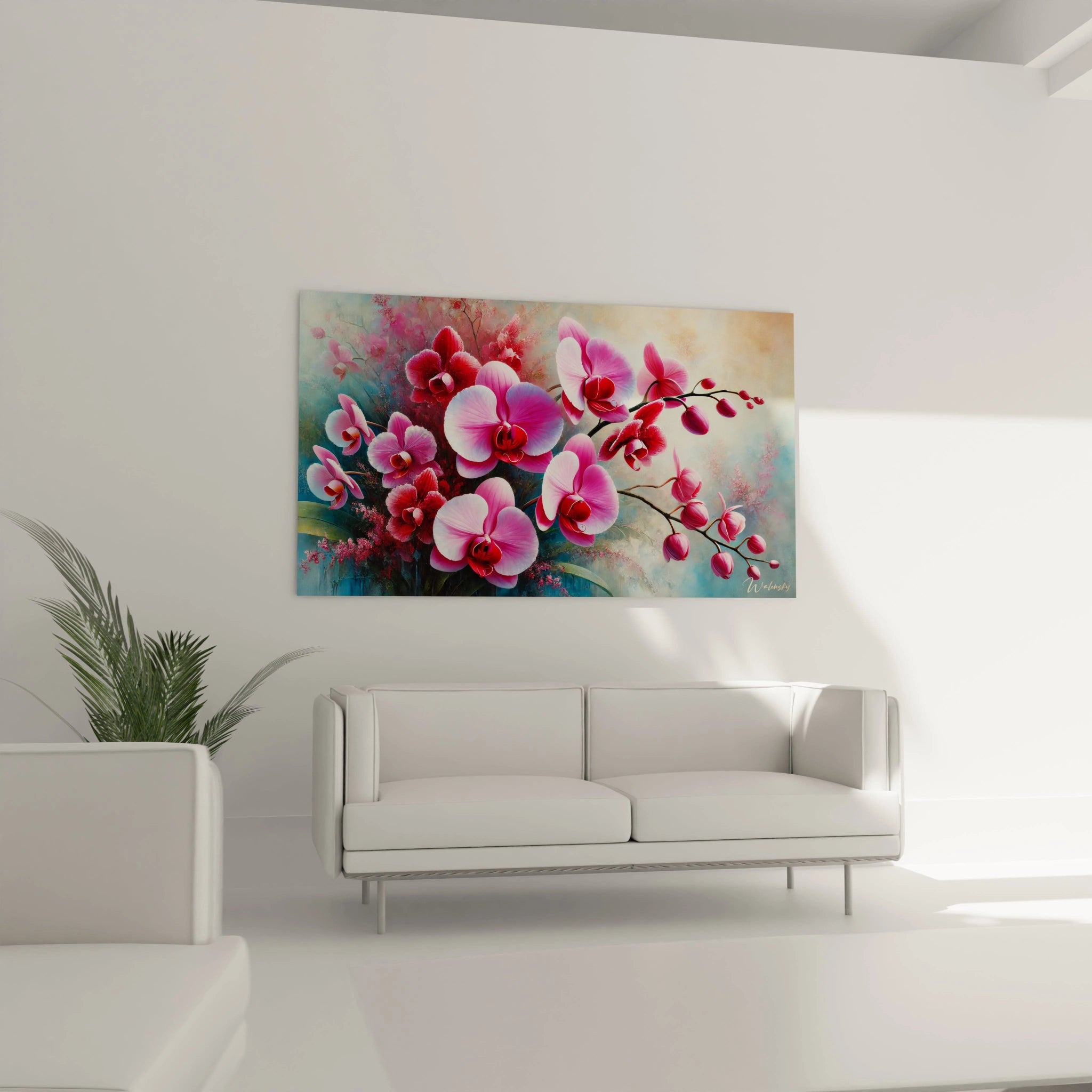 Tableau Orchidee au-dessus du canape dans le salon. Ses couleurs vives et son contraste attirent la lumiere, creant une atmosphere fraiche et captivante pour sublimer votre decor.