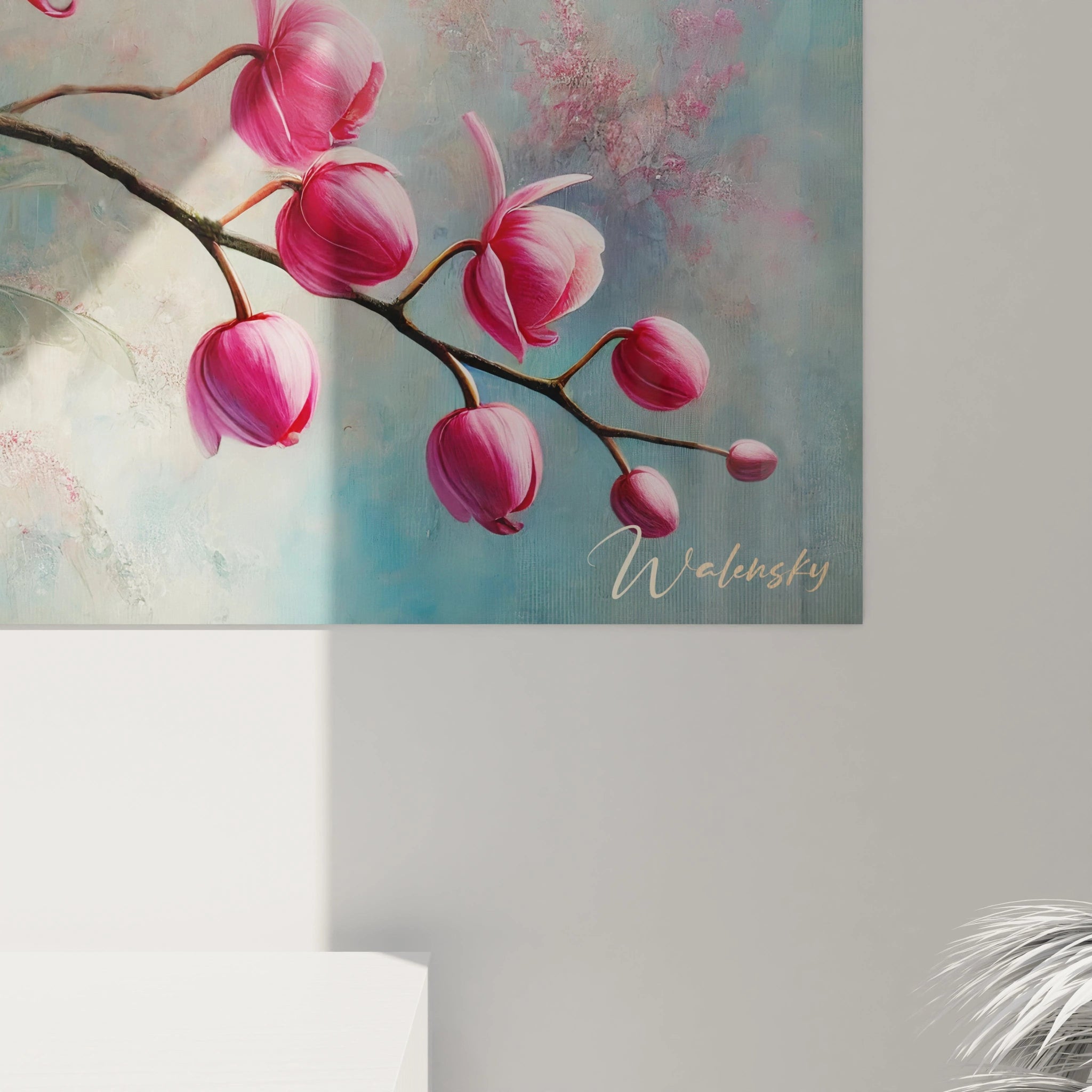 Vue rapprochee du tableau Orchidee revelant la texture et la richesse des details floraux en rose et rouge. Un hommage vibrant aux nuances subtiles et a la beaute exotique des orchidées.