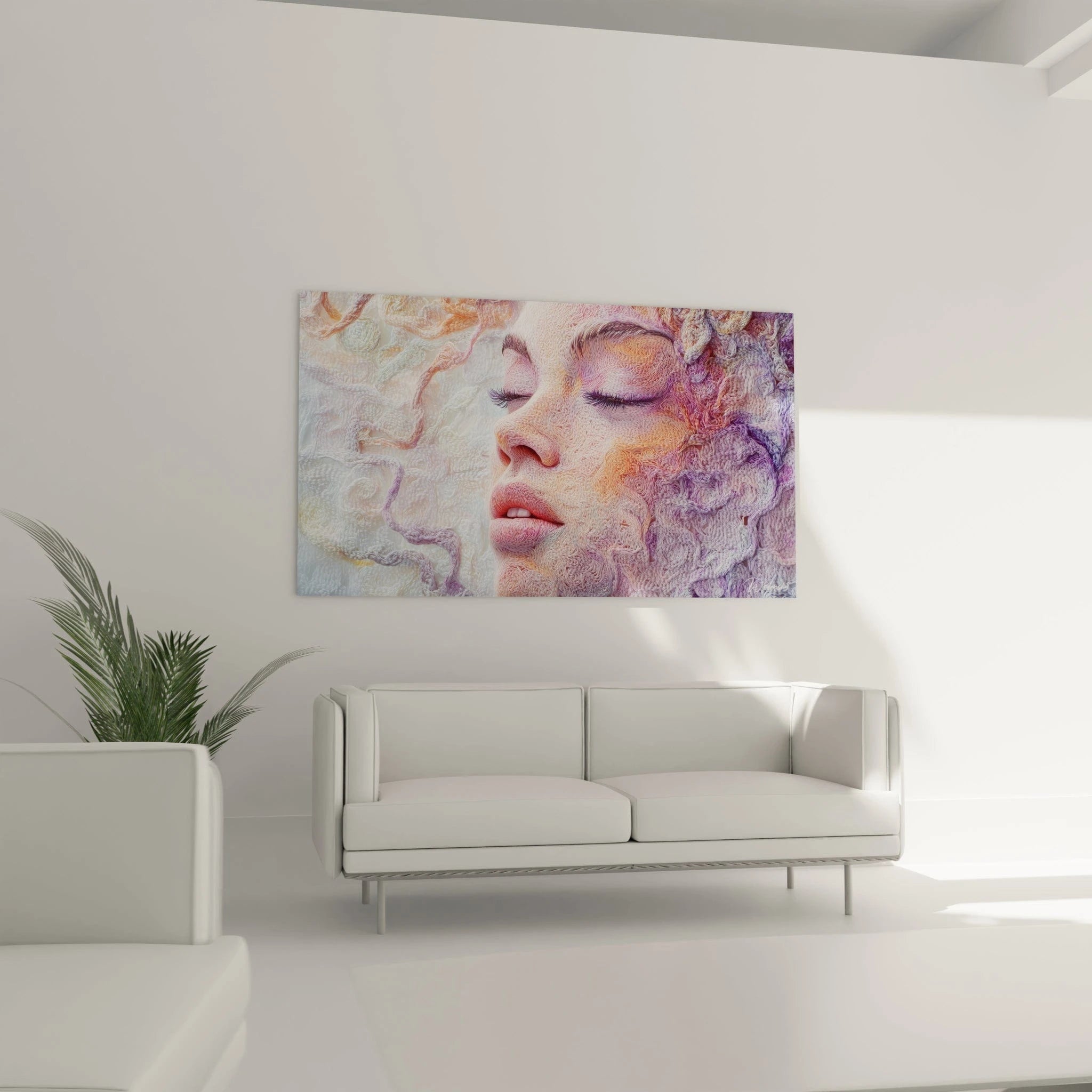 Un tableau visage onirique où chaque trait est composé de filaments colorés entrelacés formant un portrait féminin aux yeux fermés. Les couleurs pastel – rose, blanc et violet – se fondent par transitions douces, créant une texture vibrante qui donne l'illusion d'un visage tissé émergeant d'un brouillard chromatique.
