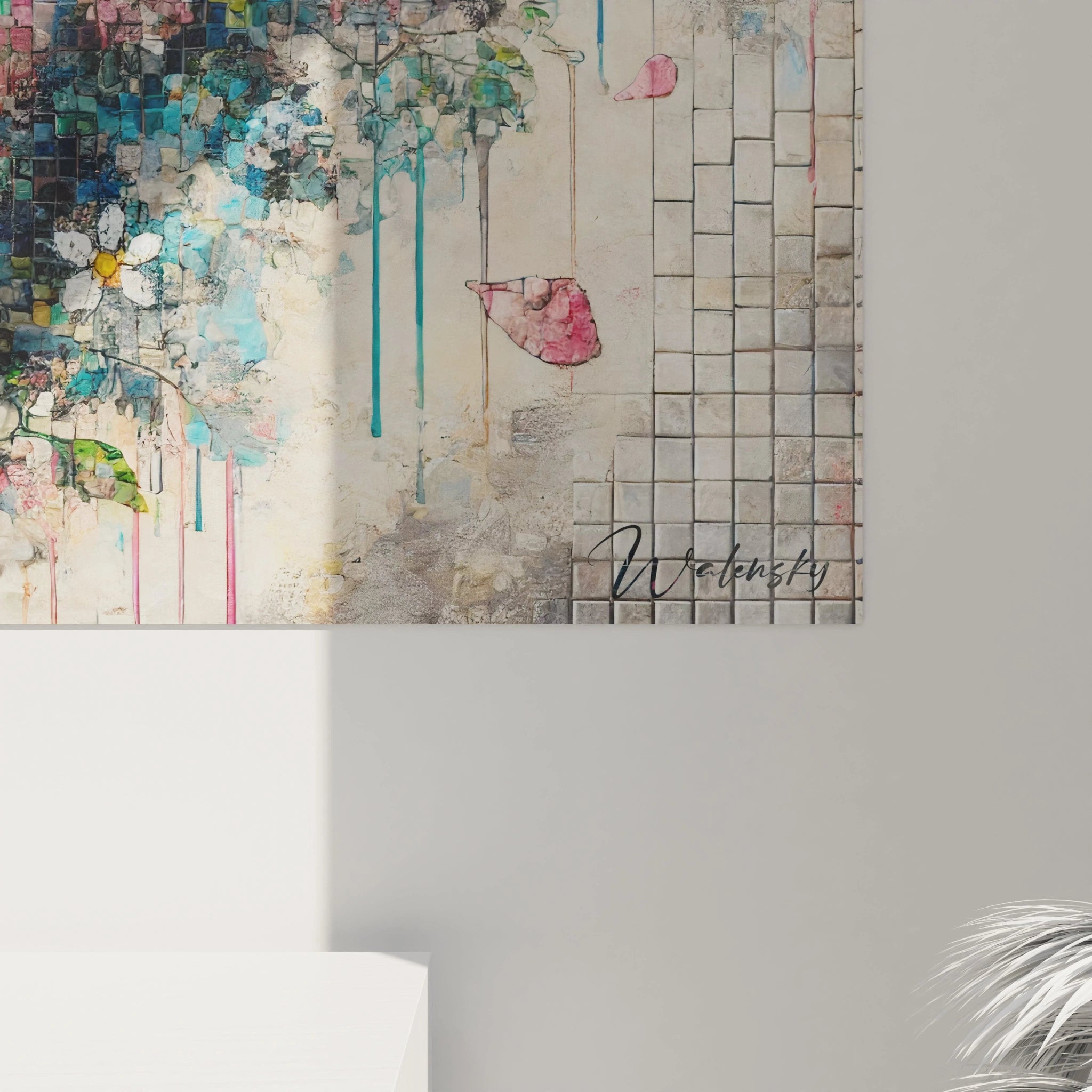 Découvrez de pres les details captivants de ce tableau Mosaique. Chaque fragment refleche lumiere et poesie, une ode a la beaute florale et a l'introspection.