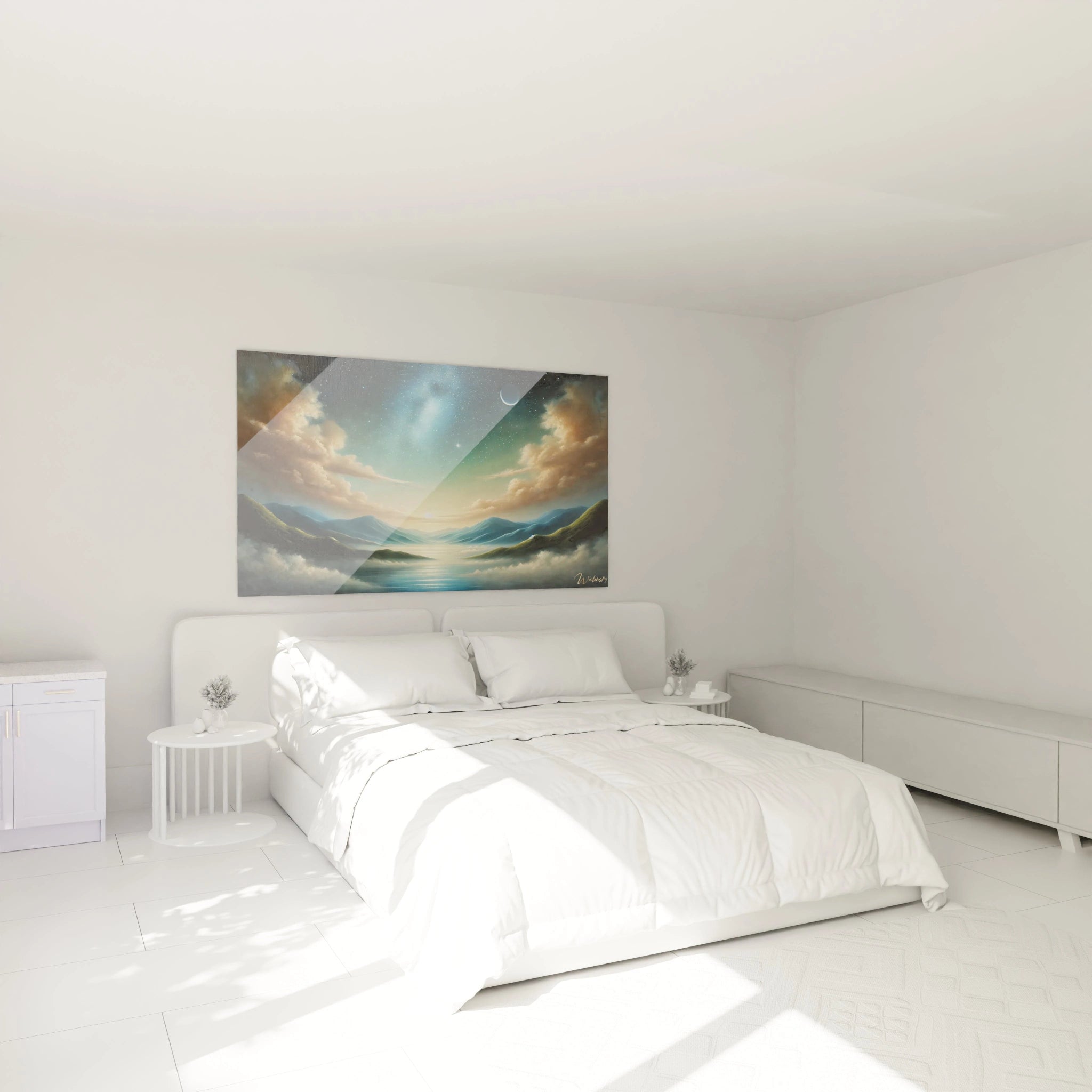 Tableau Ciel Étoilé dans une chambre au-dessus du lit, créant une atmosphère apaisante et magique, parfait pour inviter au repos sous un ciel enchanteur chaque nuit.