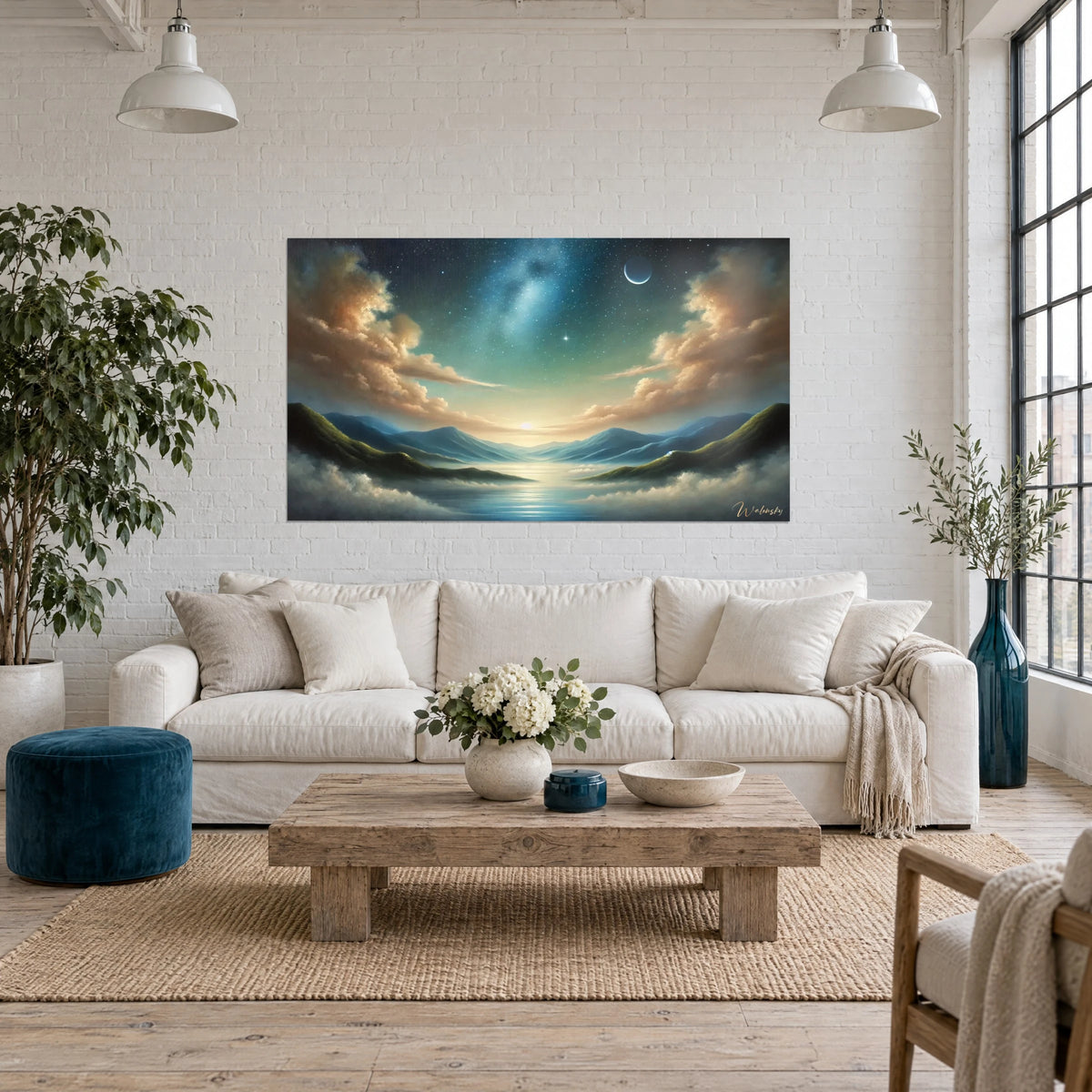 Gemälde Sternenhimmel bei Nacht, kupferfarbene Wolken und Mondsichel über blauen Bergen, oberhalb eines Sofas in einem hellen Wohnzimmer