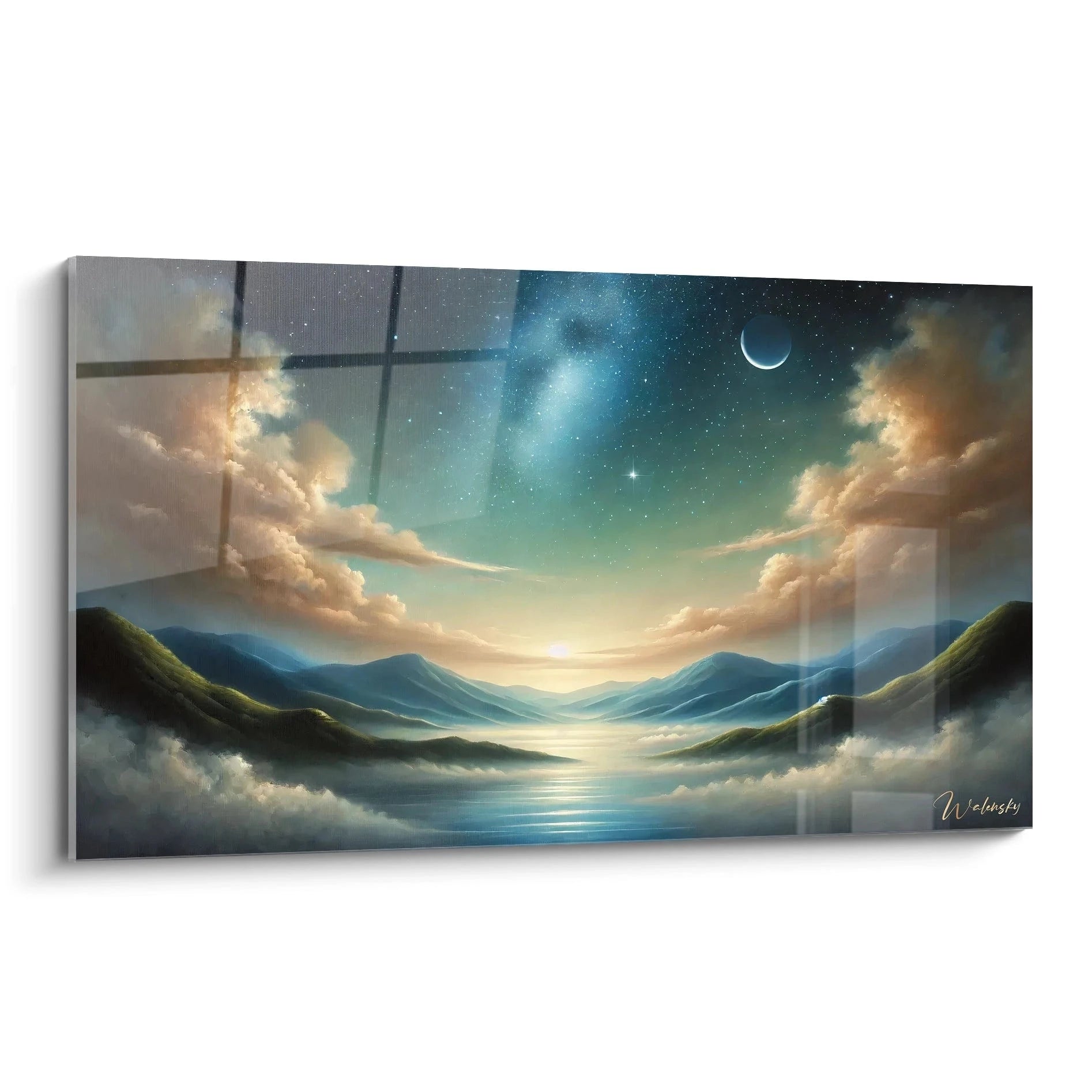 Vue de biais du tableau Ciel Étoilé avec ses nuances de bleu et or capturant la beauté sereine d'un ciel nocturne. Une piece artistique evocant l'evasion et la contemplation.
