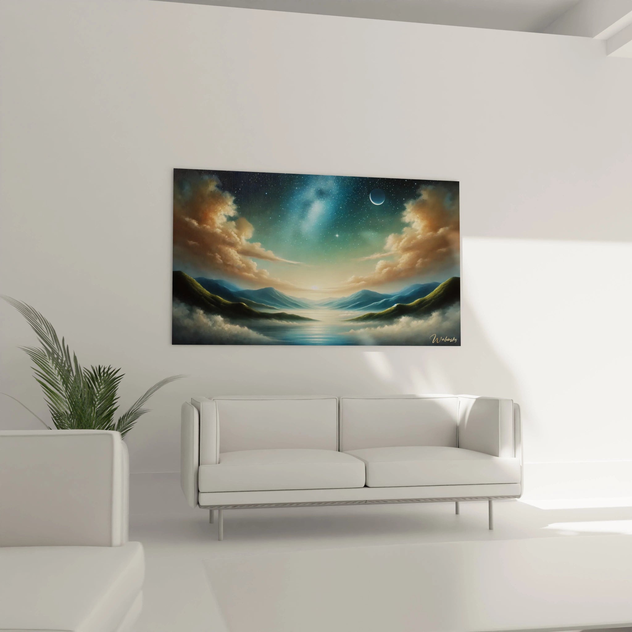 Tableau Ciel Étoilé accroché au mur d'un salon au-dessus du canapé. L'oeuvre embellit la piece en ajoutant une touche de serenite, capturant la lumière naturelle pour sublimer les couleurs.