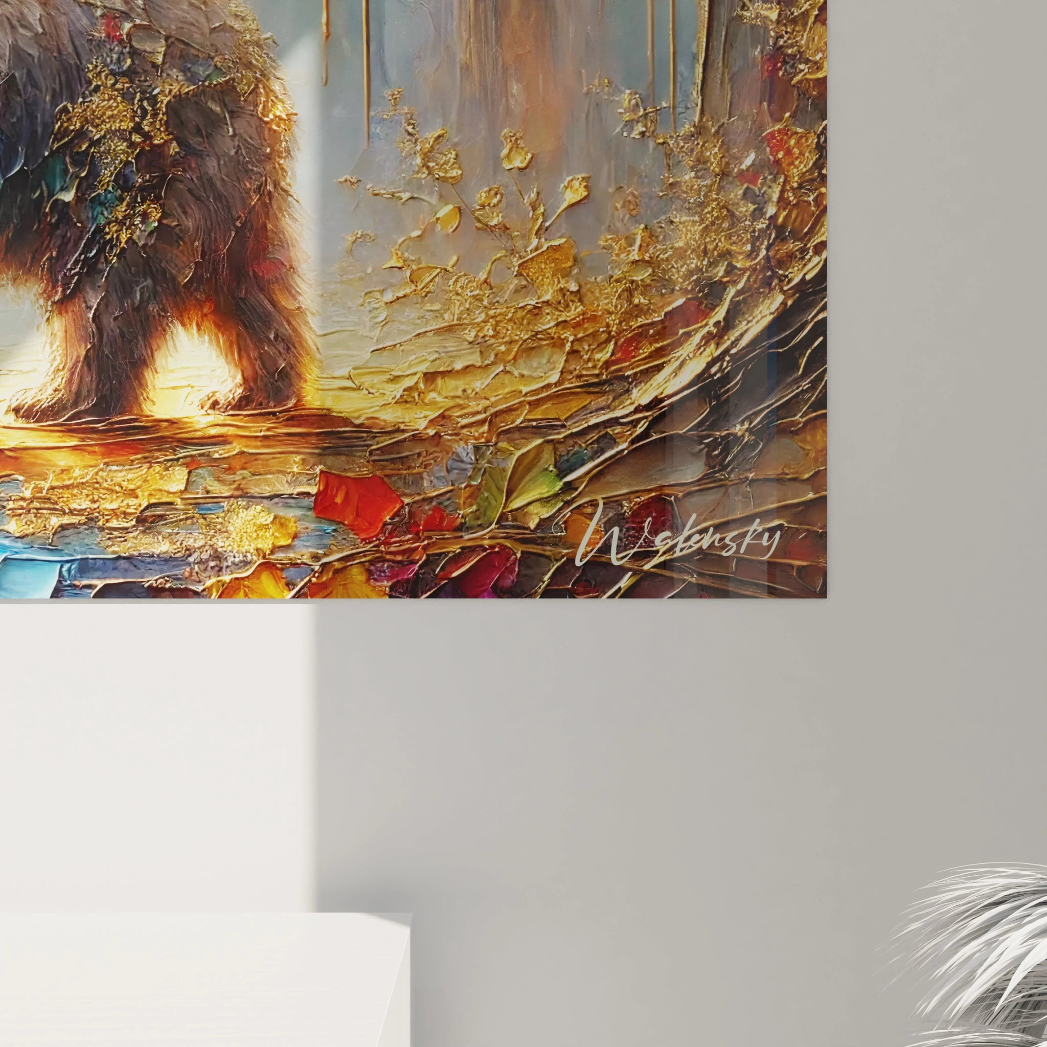 Cette vue rapprochée du tableau ours brun met en valeur les détails minutieux de l’ours et des feuilles automnales, capturant l’essence même de l’harmonie entre l’animal et la nature.