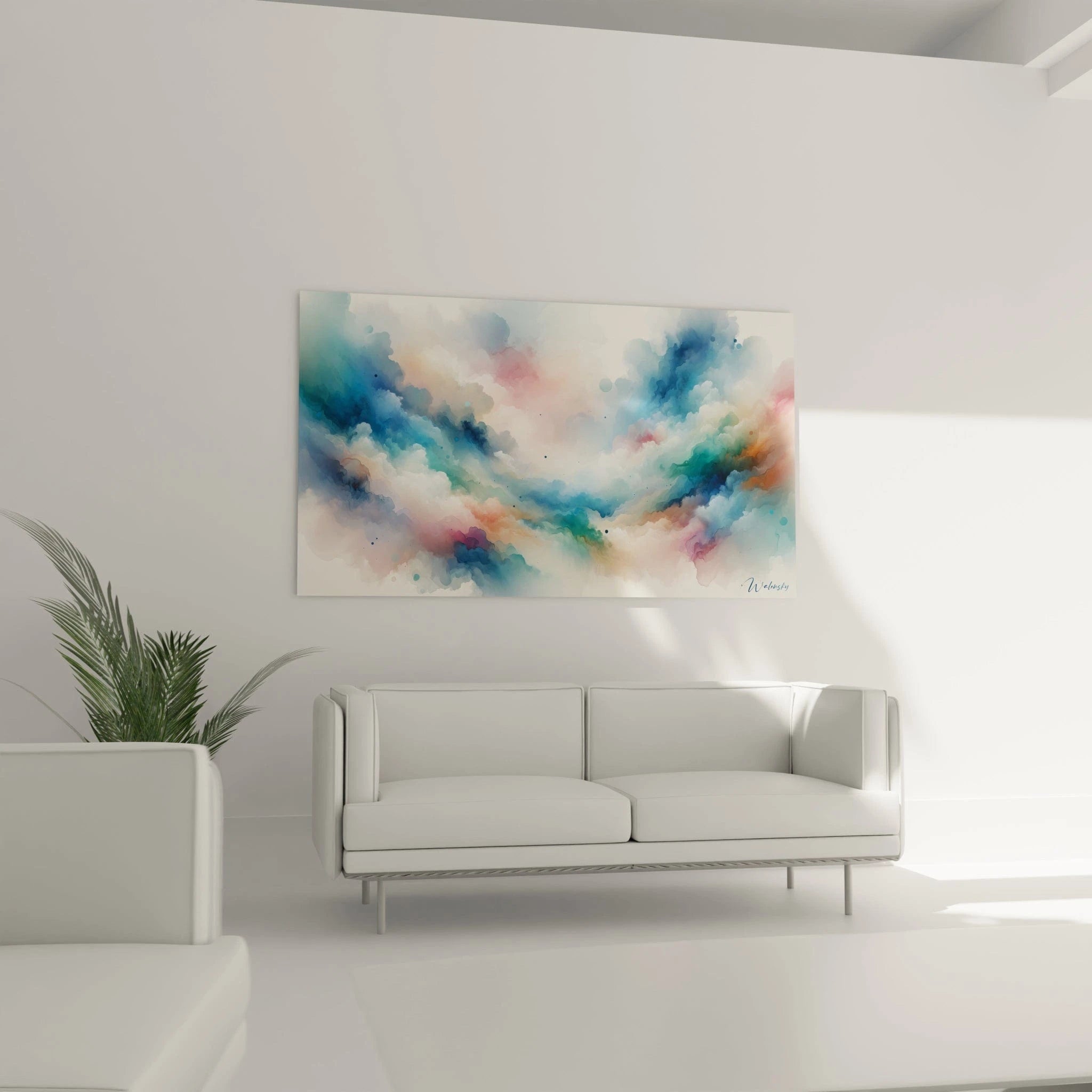 Tableau abstrait montrant un paysage céleste stylisé. Spectre chromatique doux alliant bleu canard, rose tendre, vert jade et touches ocre. Effet visuel de transparence obtenu par superposition de couches colorées diluées. Composition panoramique avec nuages diffus disposés en arc et points colorés dispersés évoquant une atmosphère sereine.