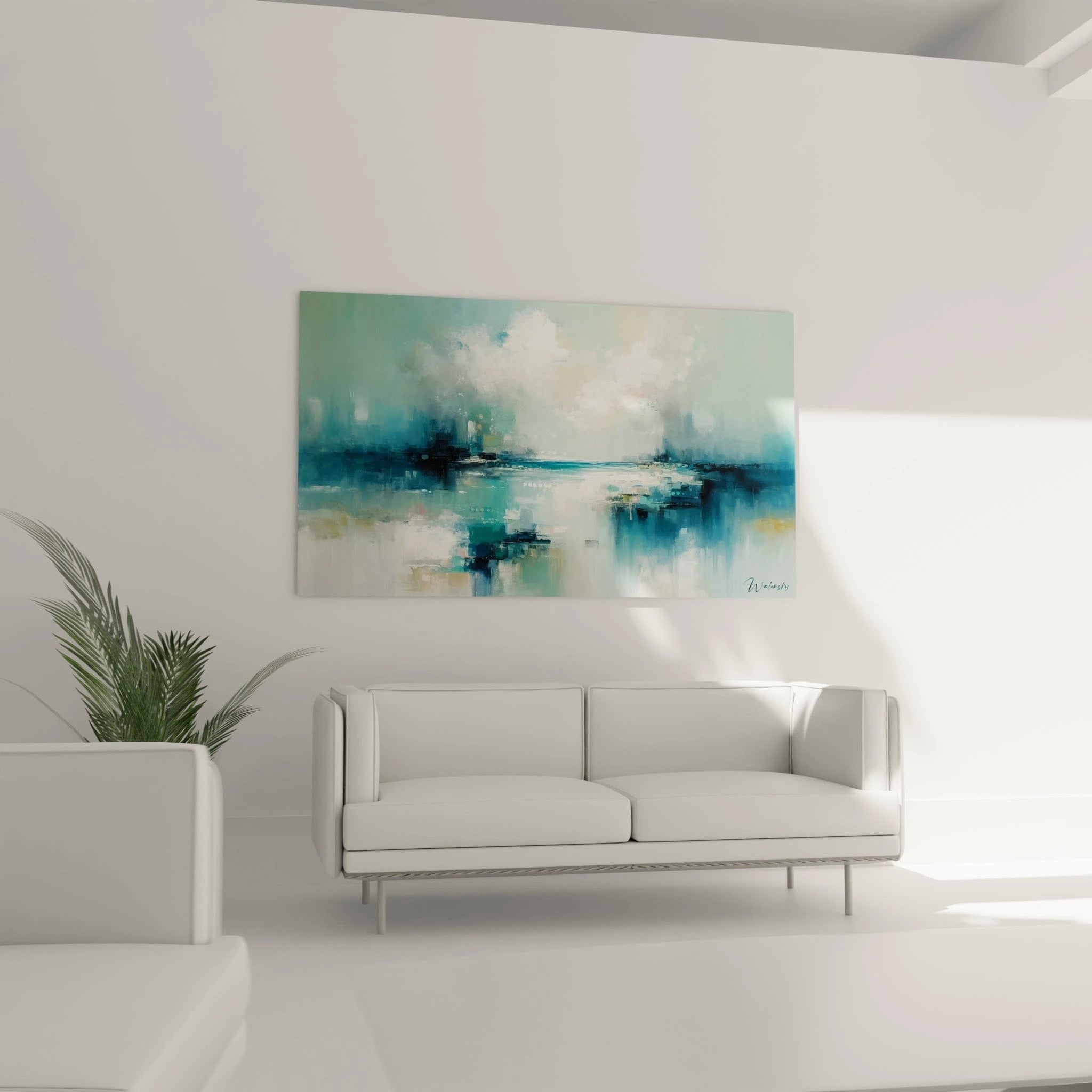 Un tableau abstrait de rivage lacustre dans la brume. Les couleurs principales sont vert d'eau, bleu céruléen, blanc ivoire et ocre pâle. La texture montre des transitions douces entre zones brumeuses et sections plus structurées, créant une impression de profondeur où ciel et eau se fondent, avec une lumière centrale qui perce à travers les nuages et se reflète sur la surface.