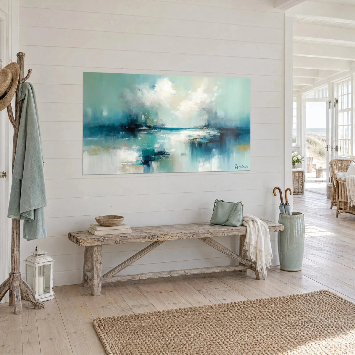 Tableau paysage marin abstrait aux coulures bleu pétrole et vert d'eau, ciel nacré, côté entrée d'une maison de plage