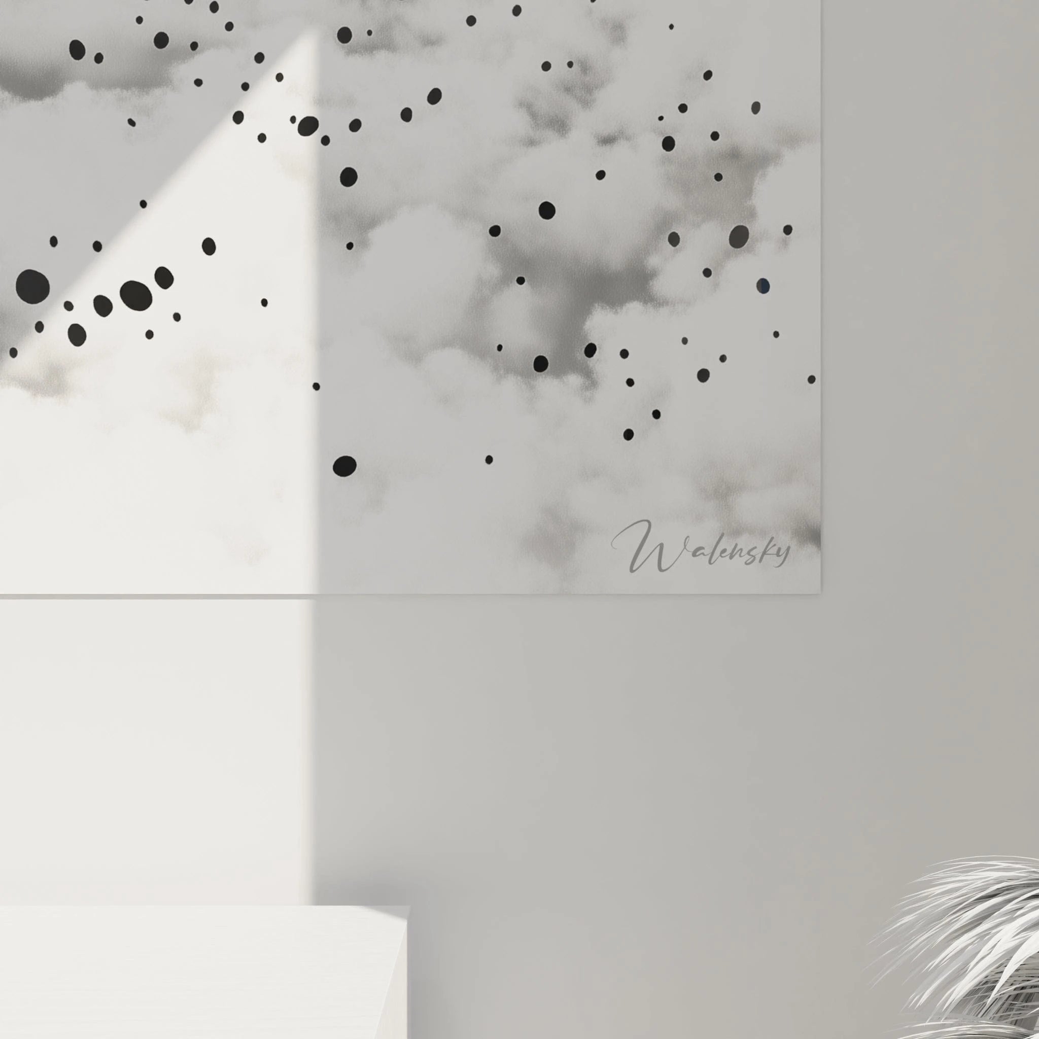 Tableau tacheté noir et blanc de Walensky avec des motifs éclaboussés sur fond nuageux