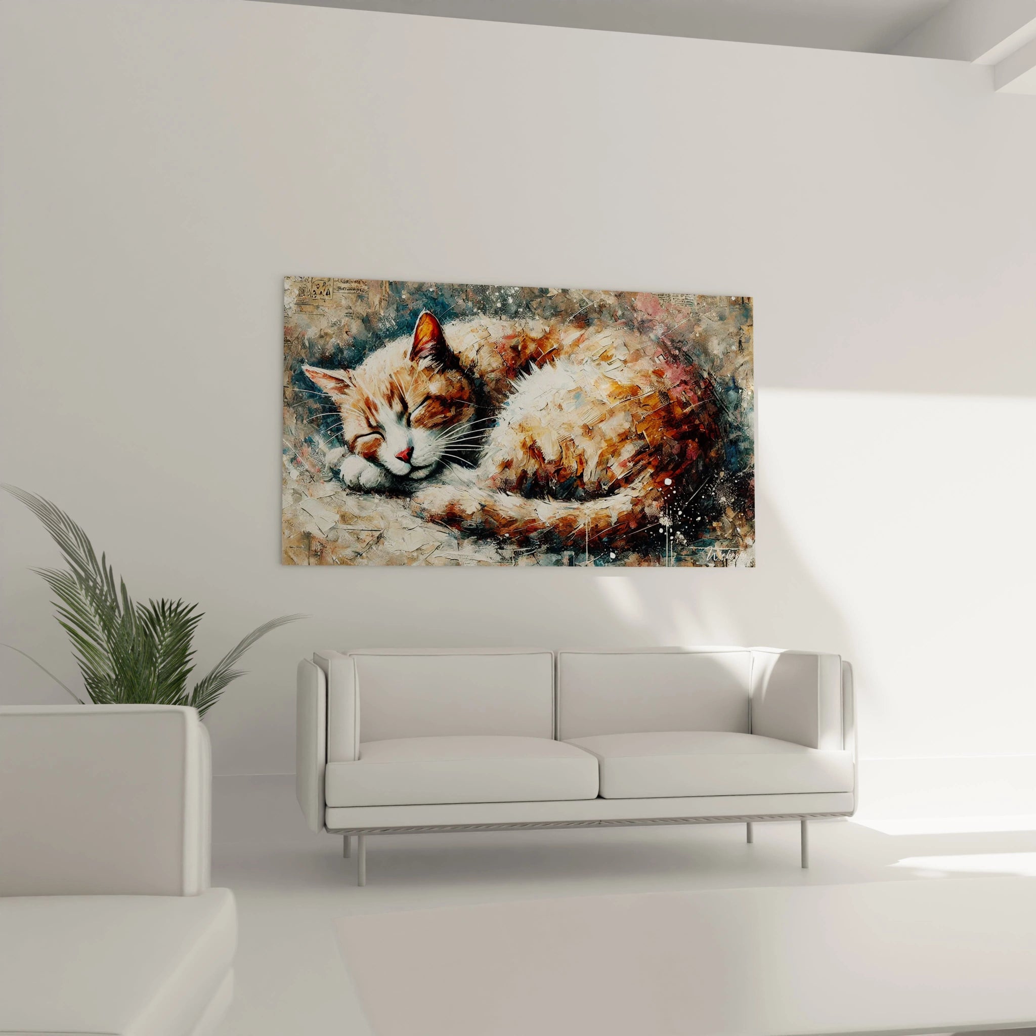 Sublimez votre salon avec ce tableau chat au-dessus du canapé. L'abstraction des textures et les tons terreux apportent une ambiance chaleureuse et accueillante, transformant votre espace en un lieu de tranquillité.