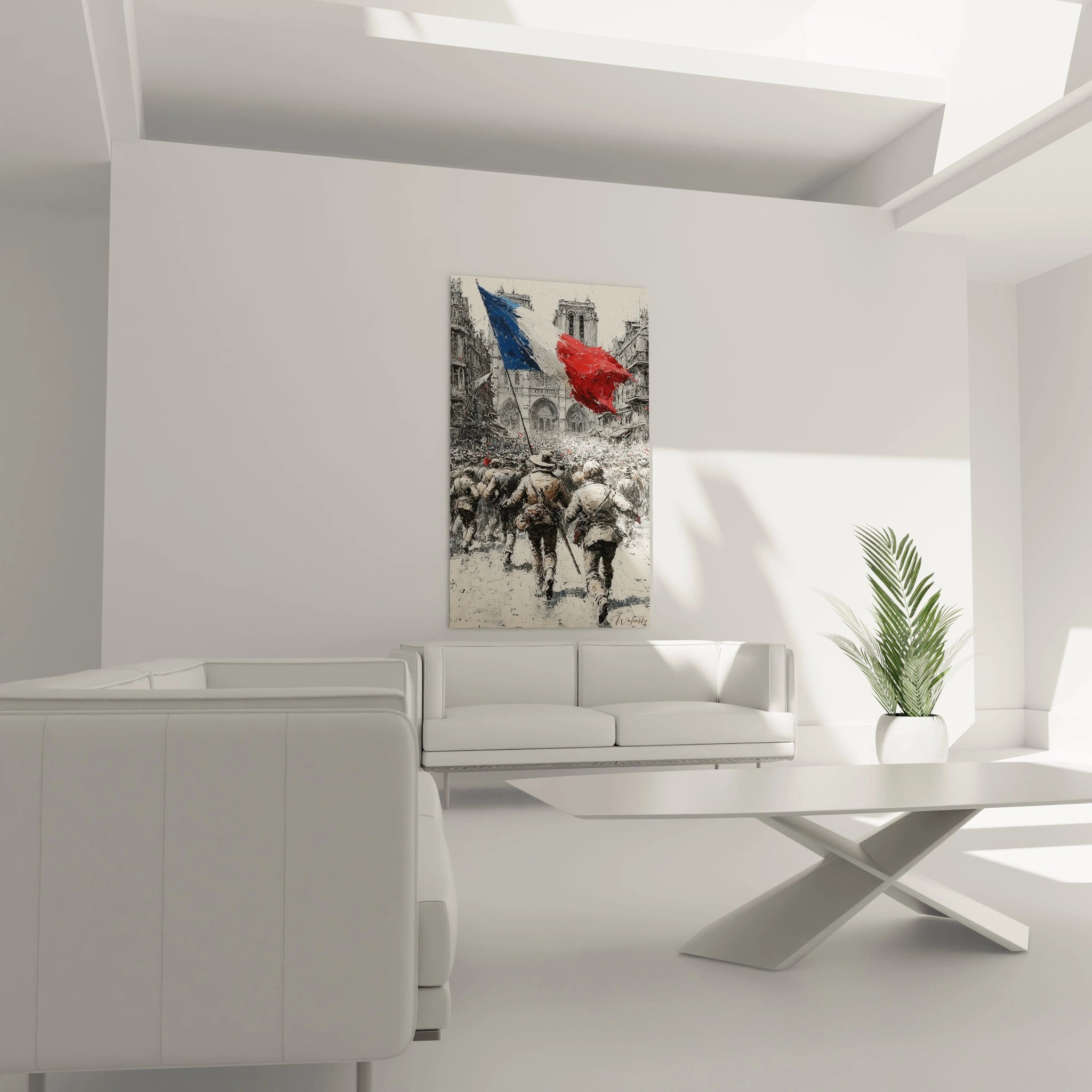 tableau mural Walensky montrant une scène de foule avec drapeaux tricolores et cathédrale, tableau révolution française