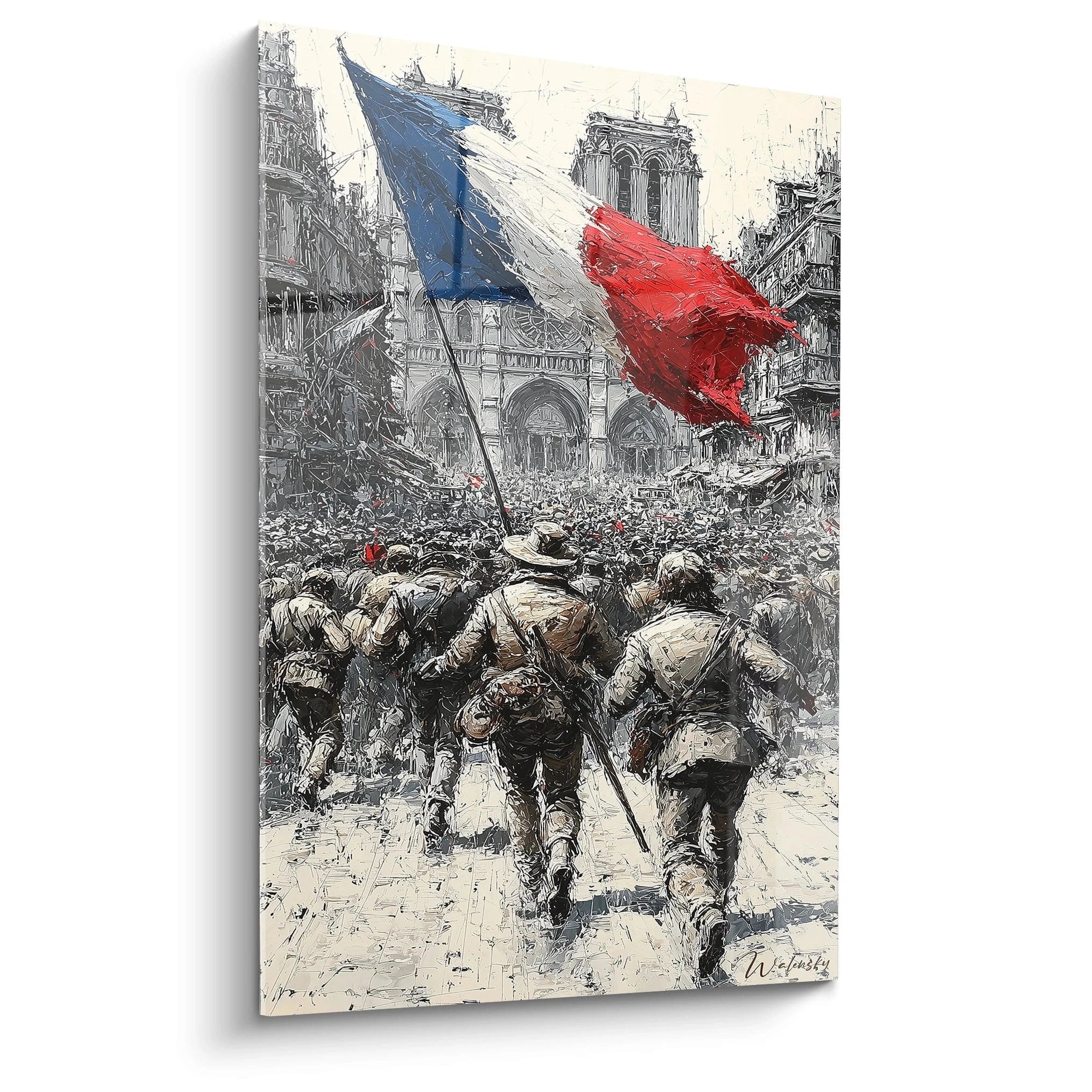 Tableau mural Walensky montrant soldats et foule portant drapeau tricolore devant Notre Dame tableau révolution française