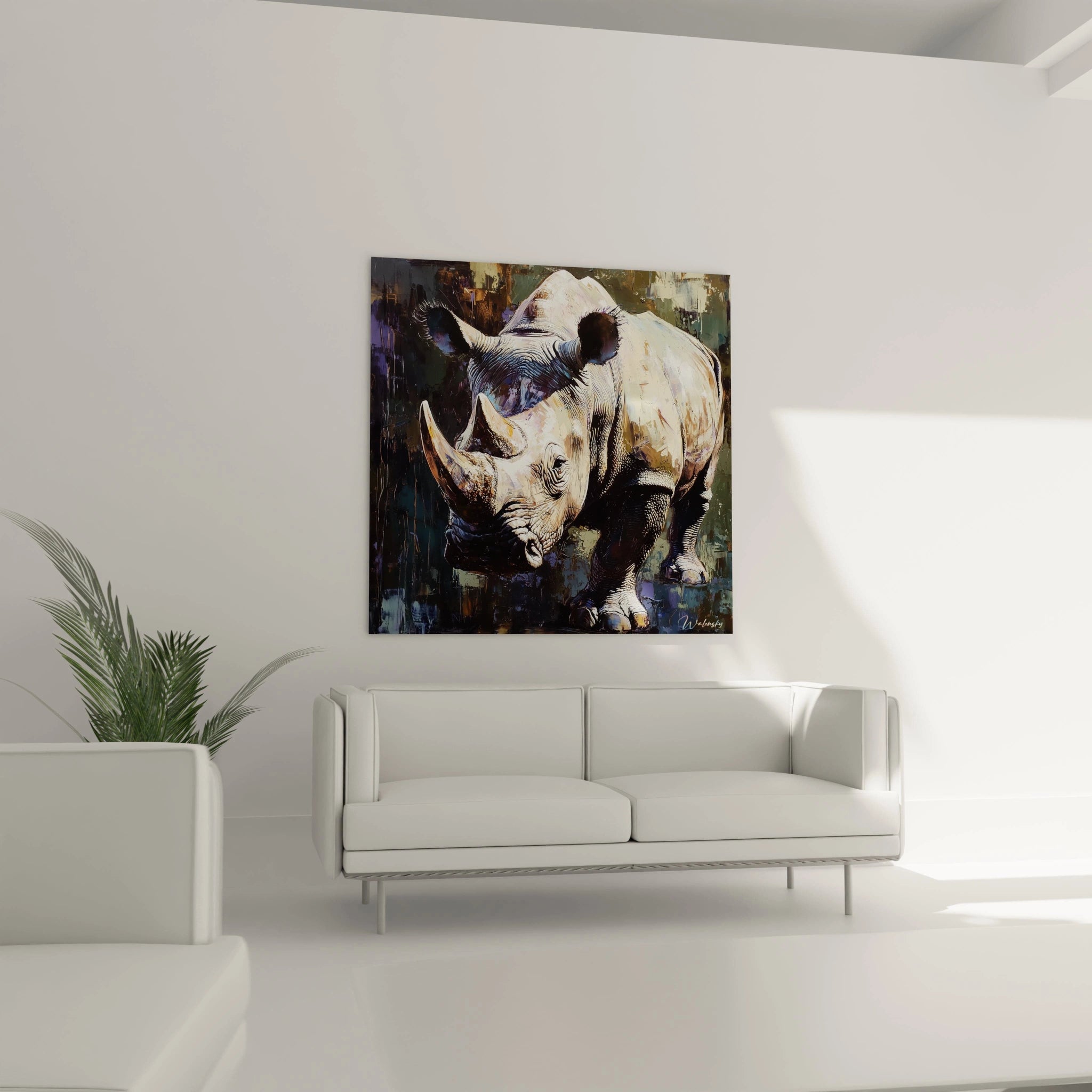 Tableau rhinocéros Walensky accroché au mur d'un salon moderne avec canapé blanc