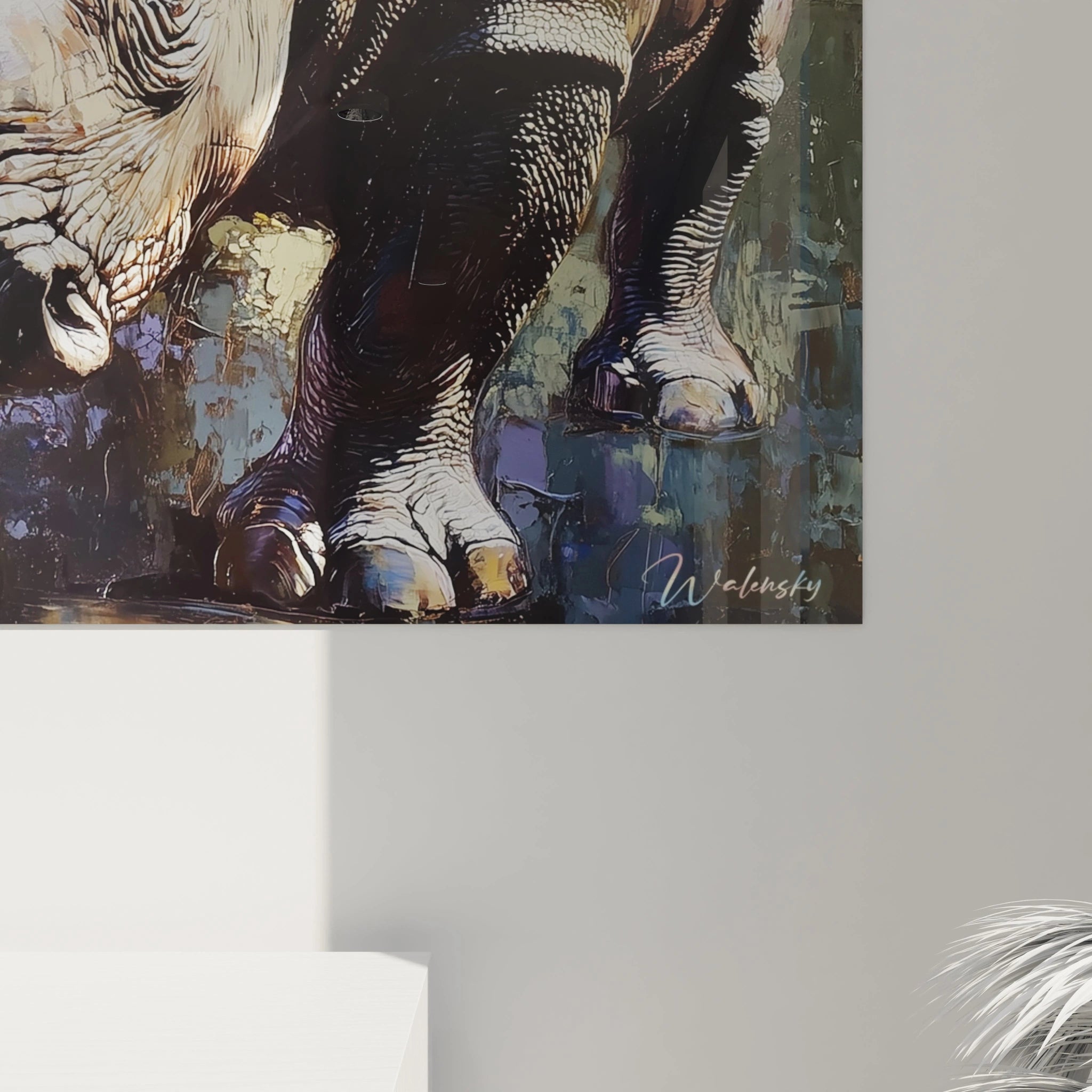 Tableau rhinocéros par Walensky avec détails réalistes des pattes et textures sur fond artistique coloré