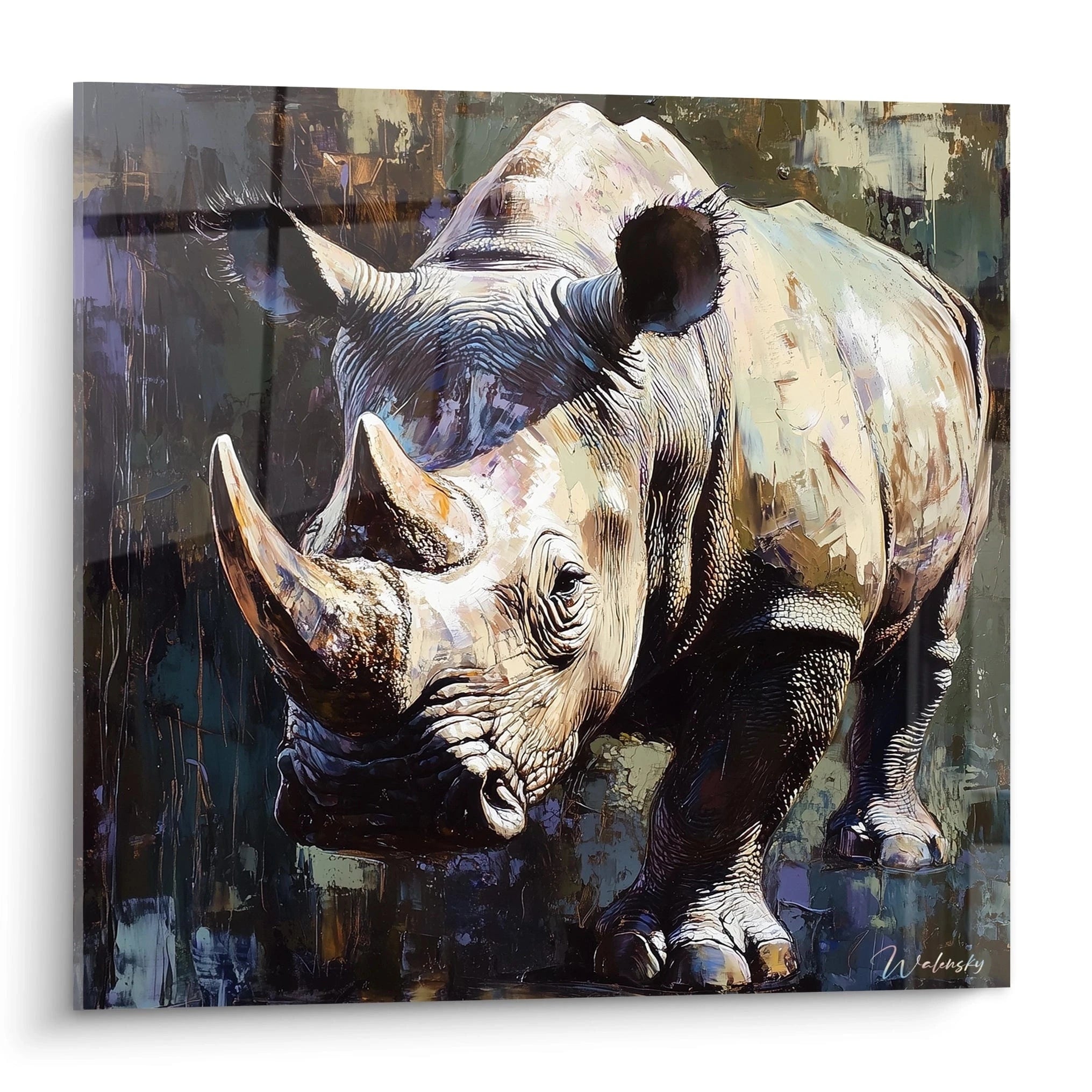 Tableau rhinocéros Walensky avec peinture réaliste où le rhinocéros est en gros plan sur fond artistique