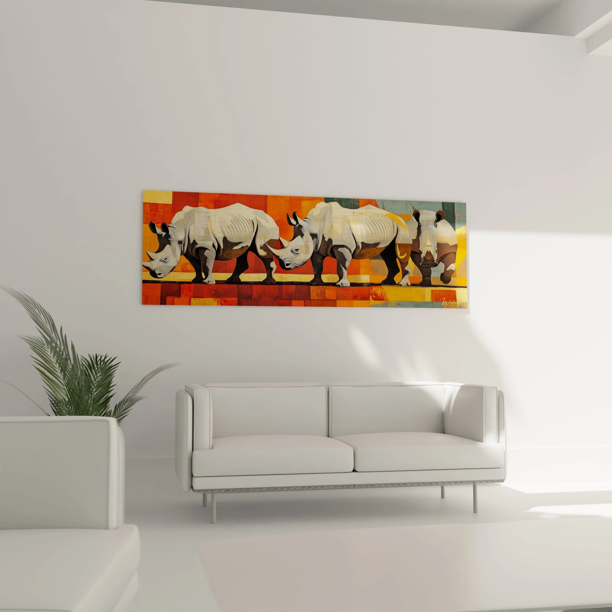 Tableau rhinocéros coloré Walensky accroché au-dessus d'un canapé blanc dans un salon moderne