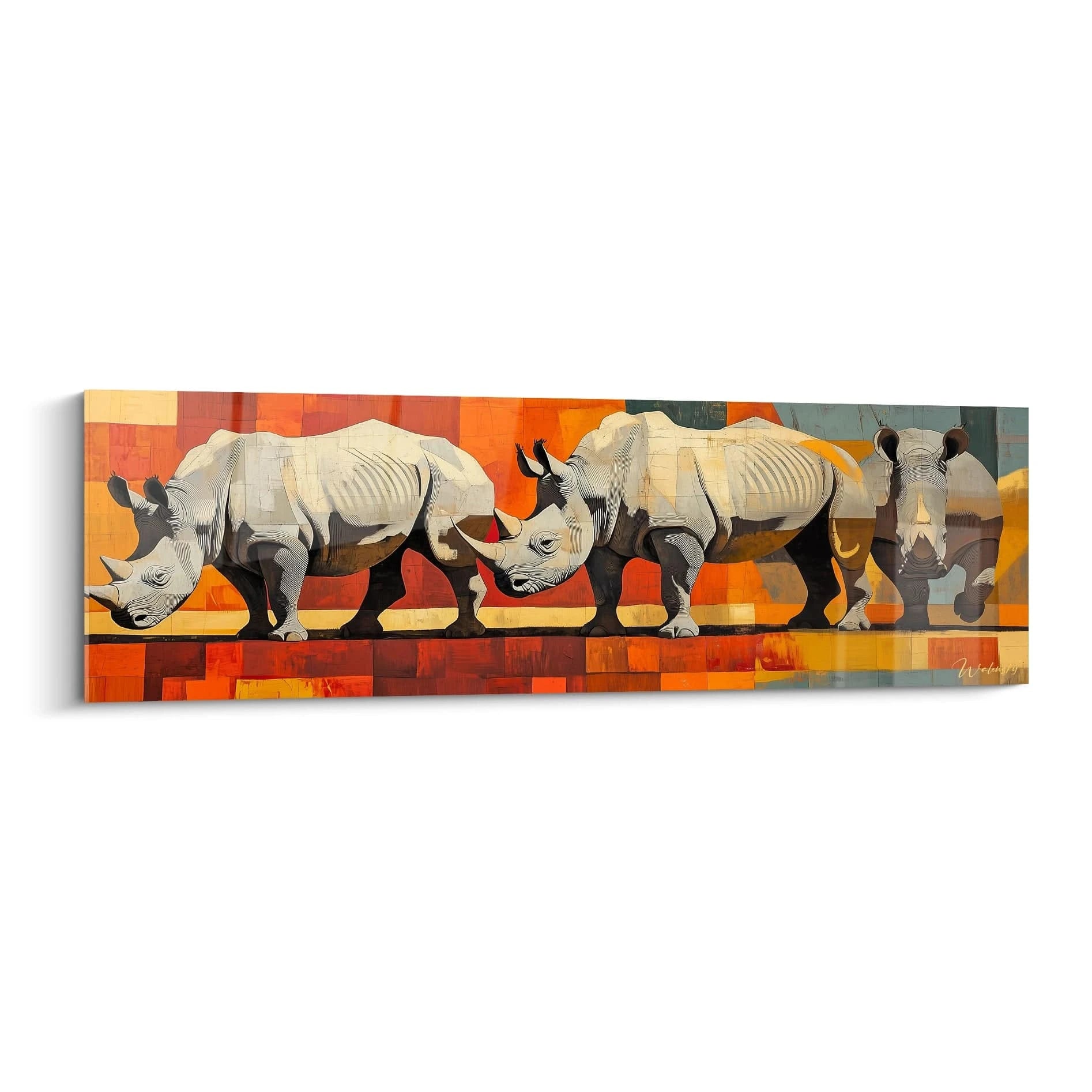 Tableau rhinocéros Walensky avec trois rhinocéros stylisés sur fond aux tons chauds orange et rouge