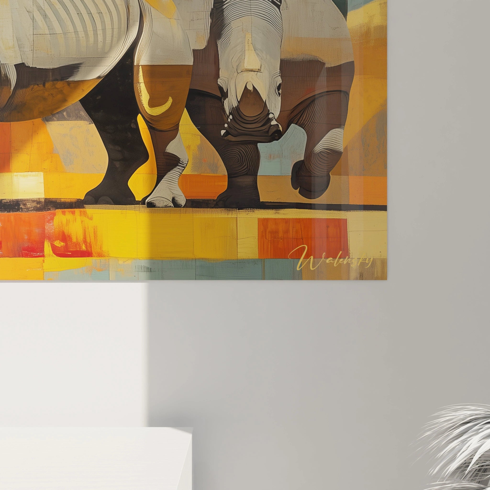 Tableau rhinocéros Walensky couleur jaune et orange décor mural moderne