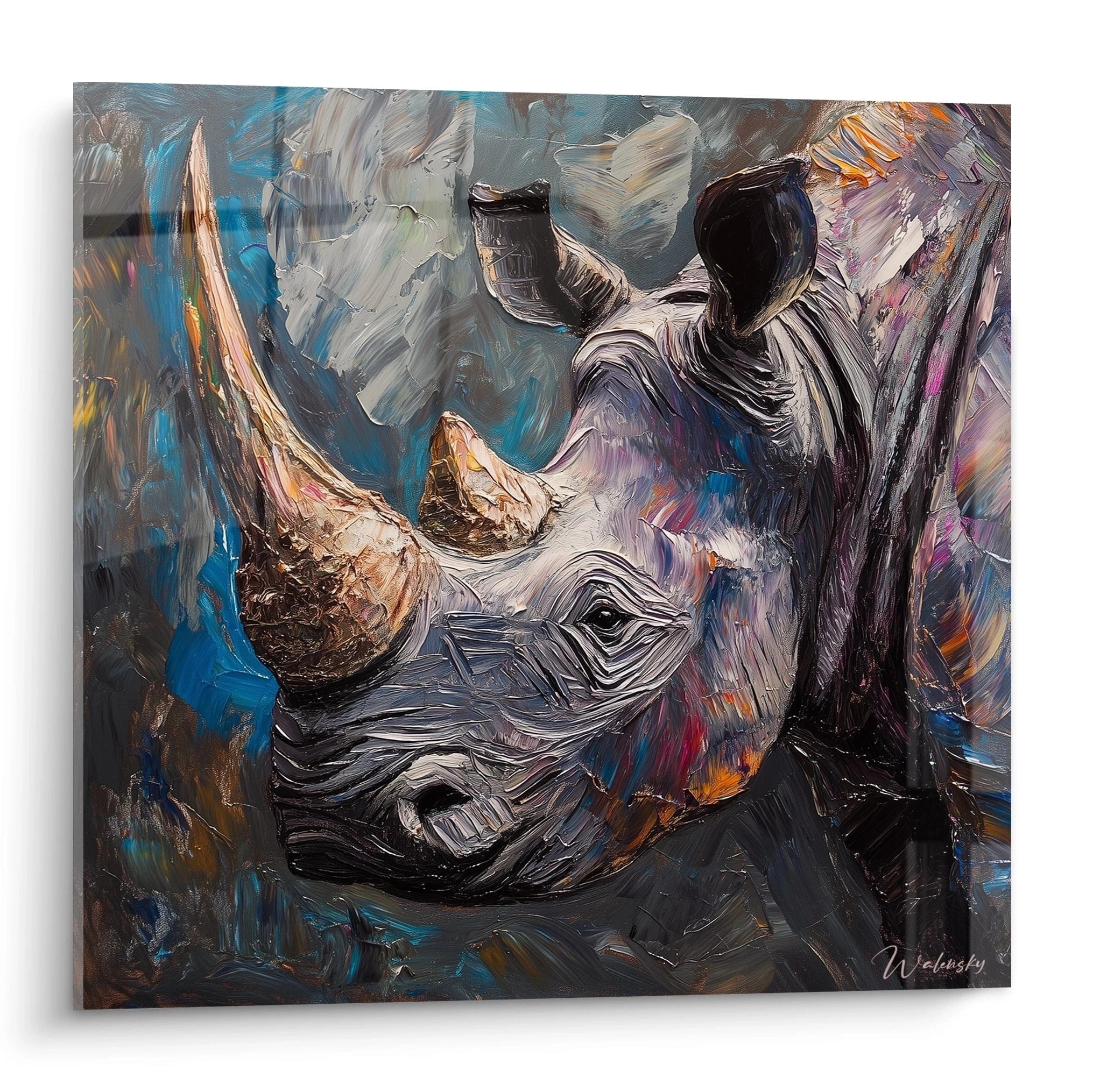 Tableau rhinocéros Walensky peinture texturée avec couleurs vives sur fond abstrait