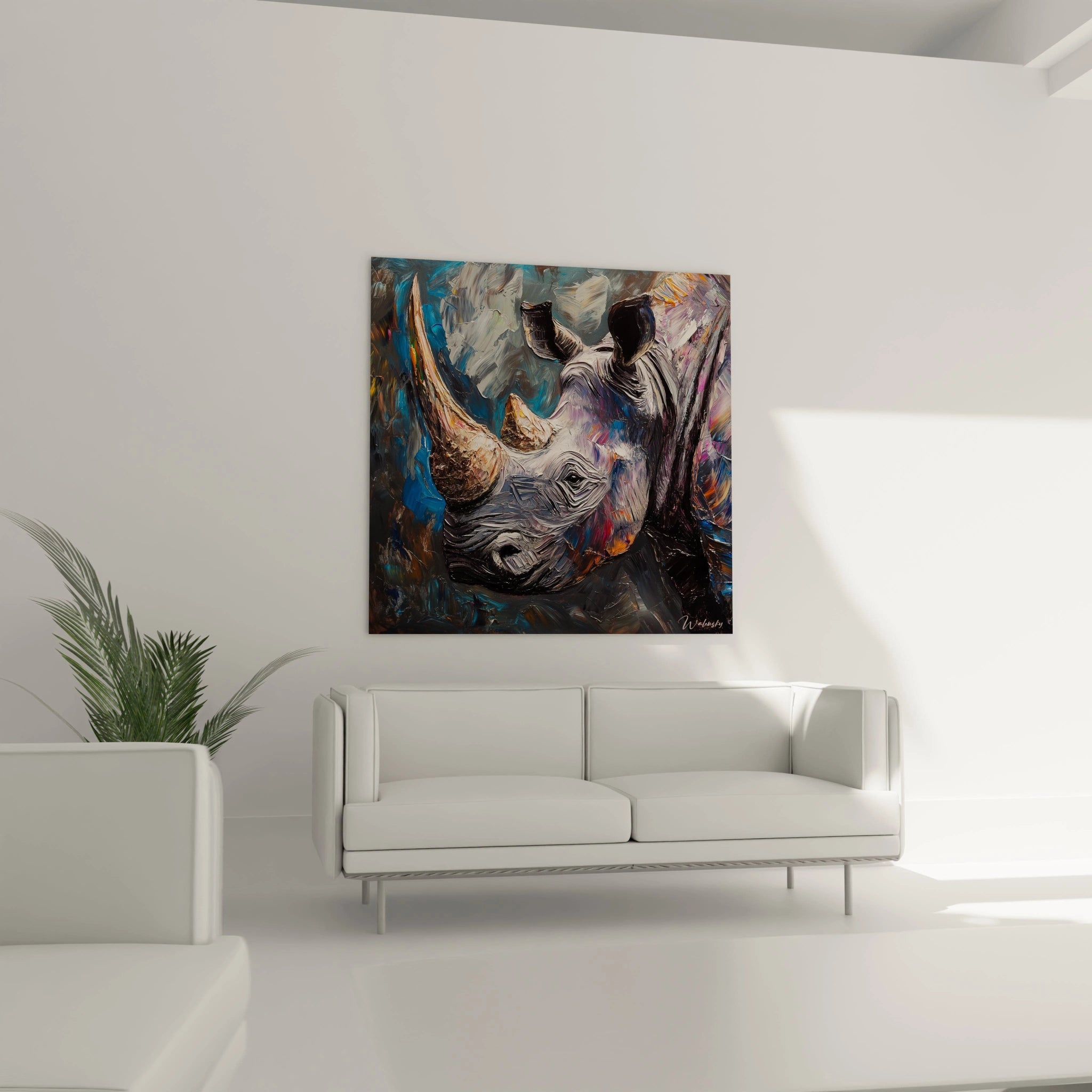 Tableau rhinocéros coloré de Walensky accroché au-dessus d'un canapé blanc dans un salon moderne