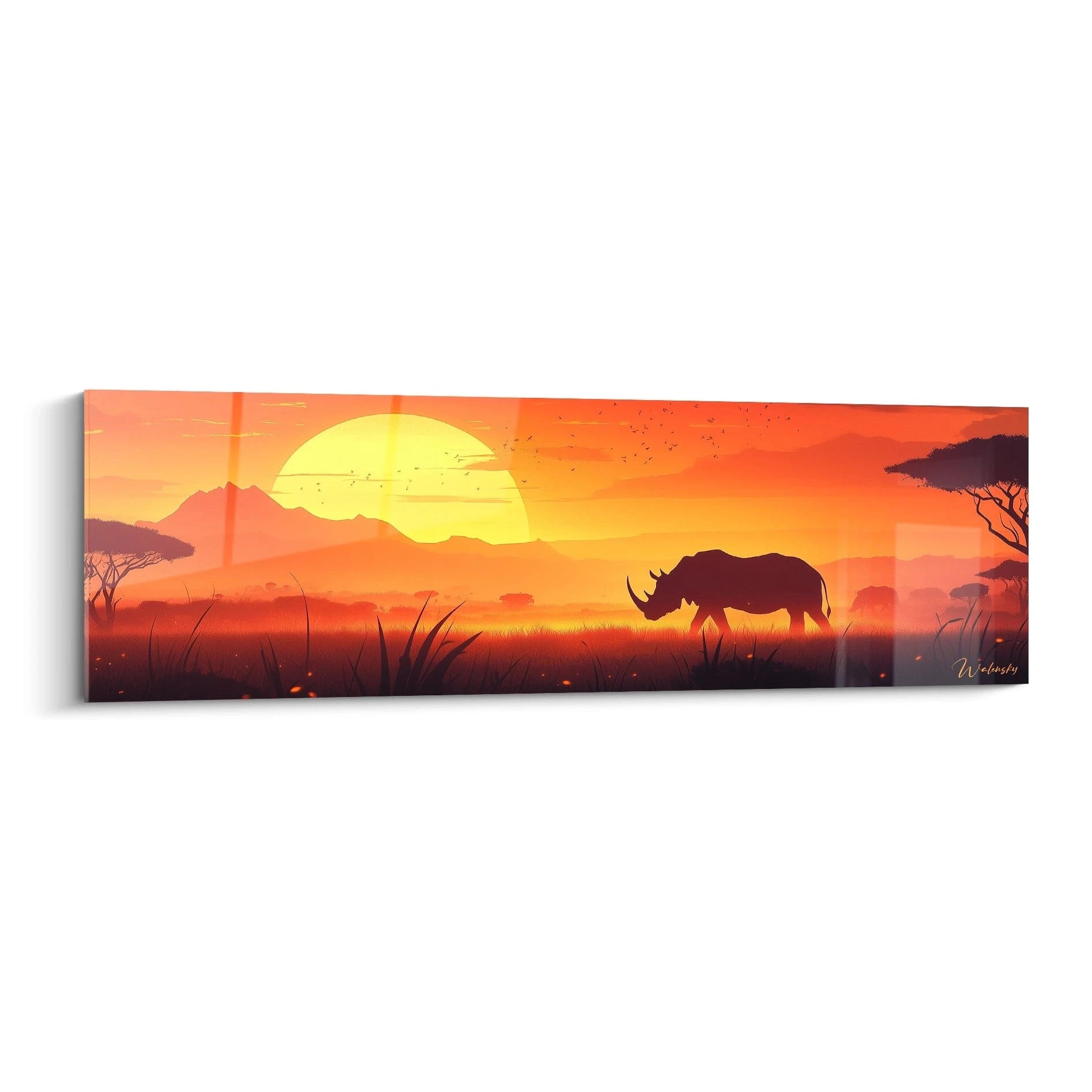 Tableau rhinocéros Walensky silhouette de rhinocéros au coucher de soleil en paysage africain