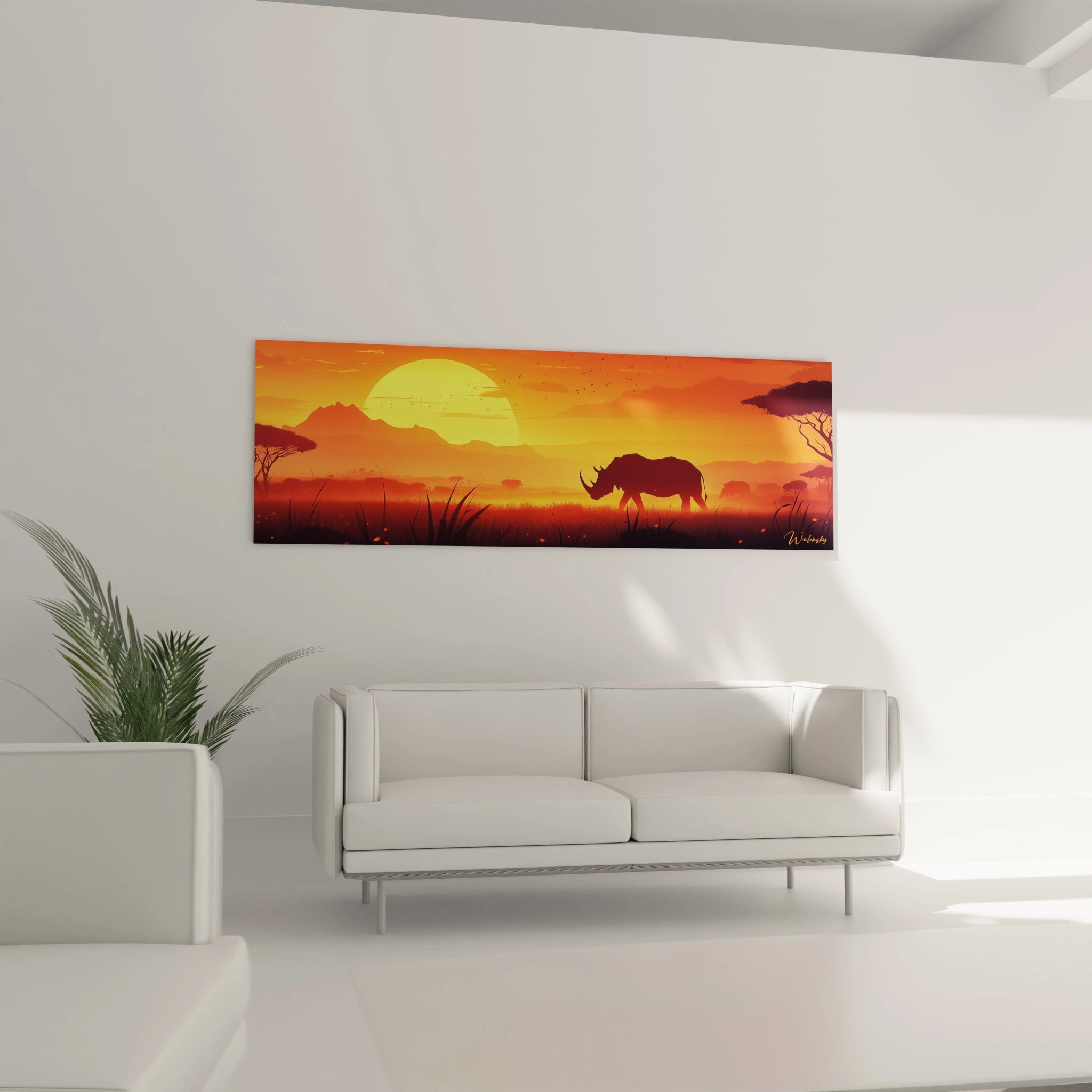Tableau rhinocéros Walensky illustrant un coucher de soleil africain sur toile panoramique moderne