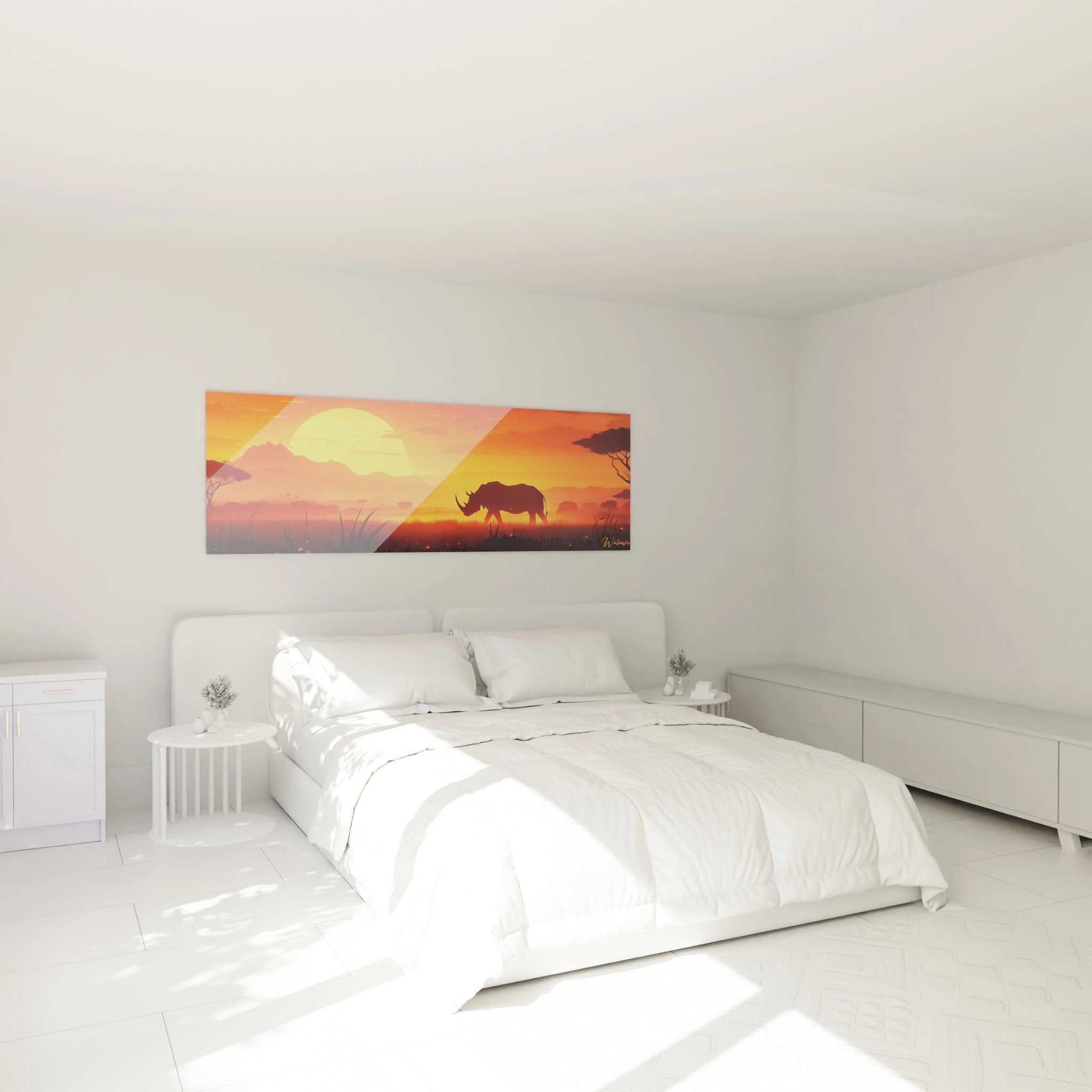 Tableau rhinocéros Walensky avec coucher de soleil orange suspendu au-dessus d'un lit blanc moderne