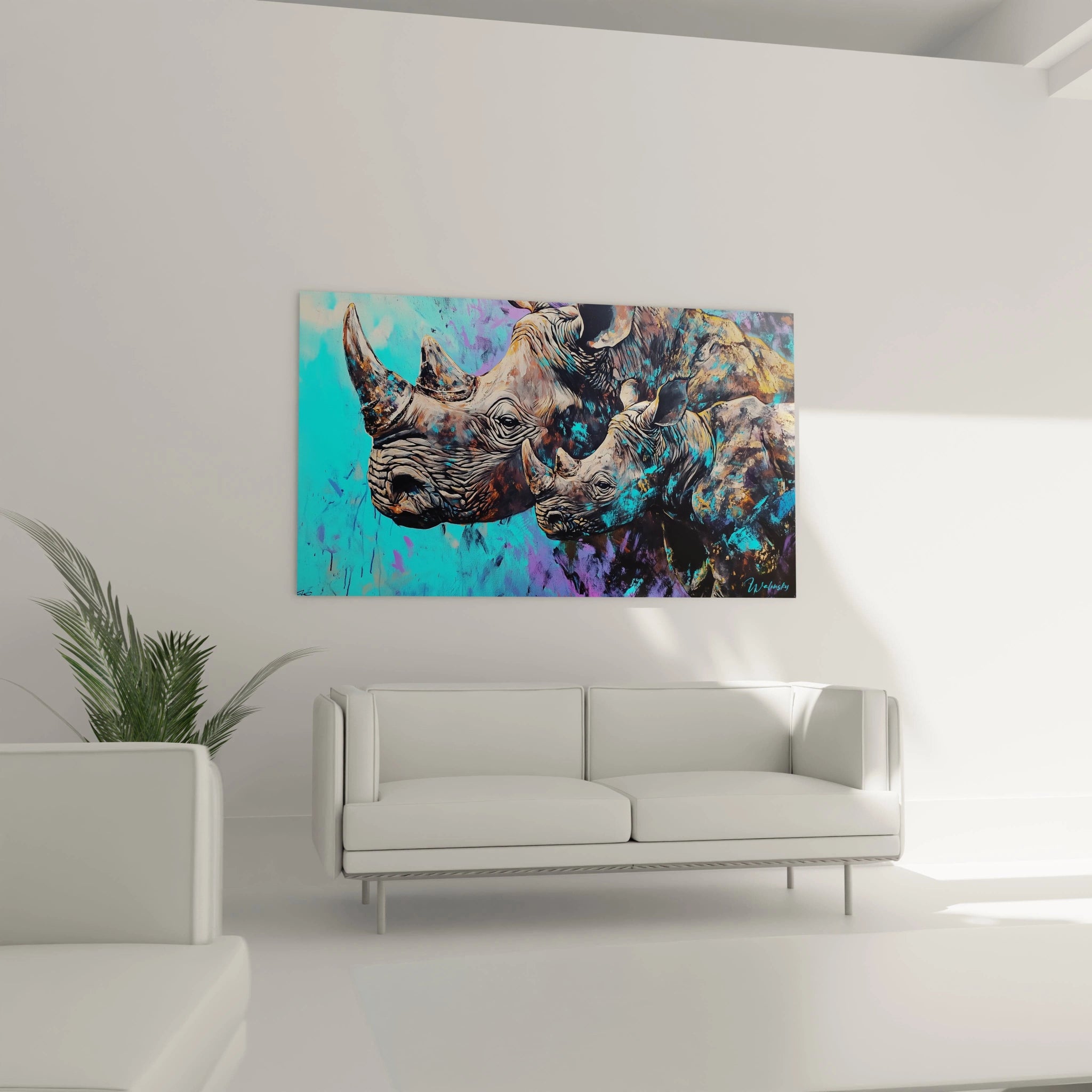 Tableau rhinocéros coloré Walensky accroché au-dessus d'un canapé blanc dans un salon moderne