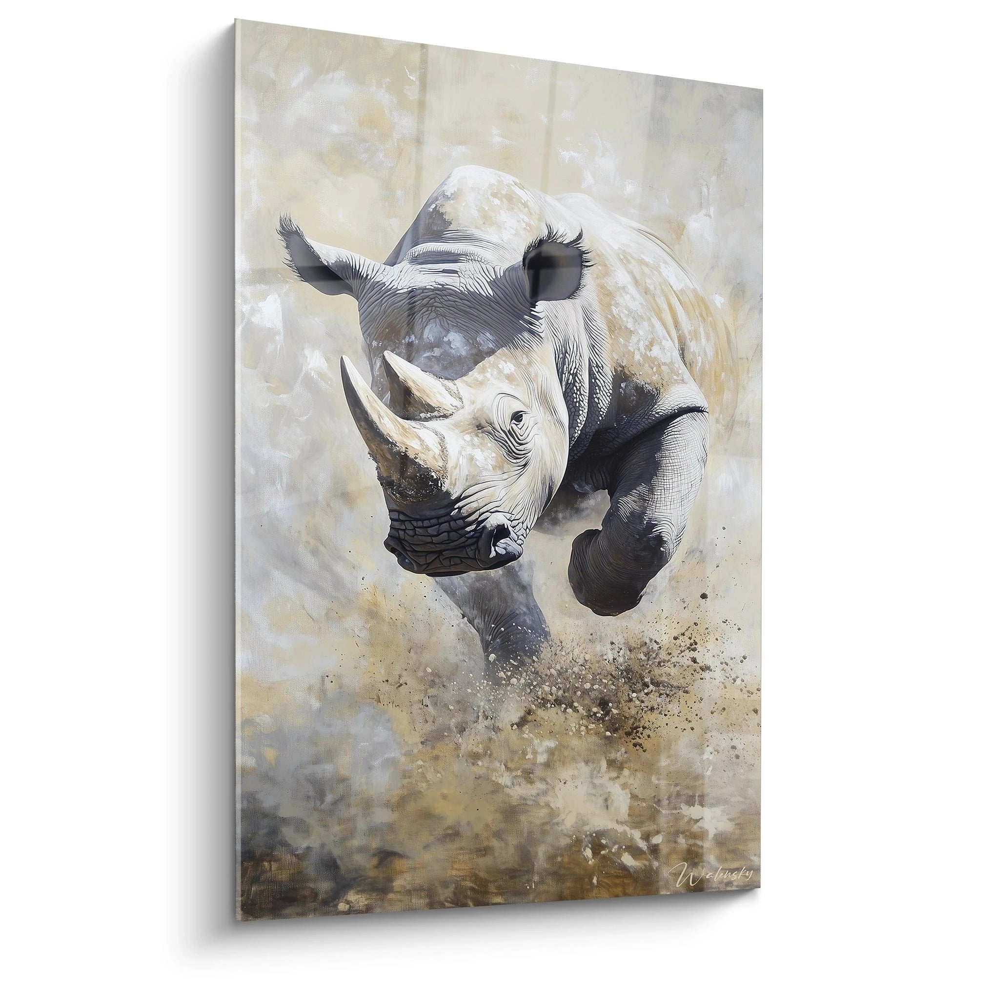 Tableau rhinocéros Walensky avec illustration réaliste d'un rhinocéros courant dans la poussière