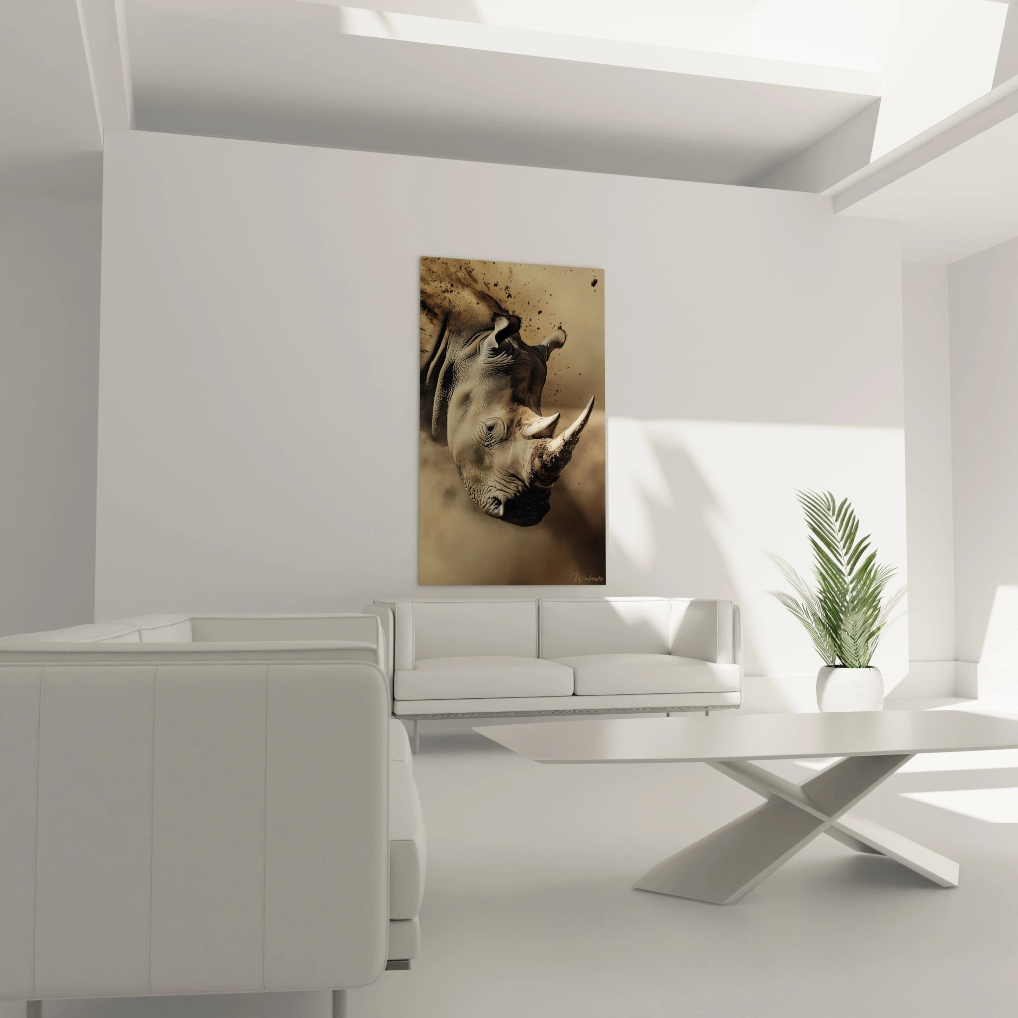 Tableau rhinocéros Walensky suspendu dans un salon moderne blanc avec canapé et plante verte